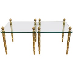 Vintage Pair of Maison Jansen Style Gilt Metal Faux Bamboo & Glass Square End Tables 