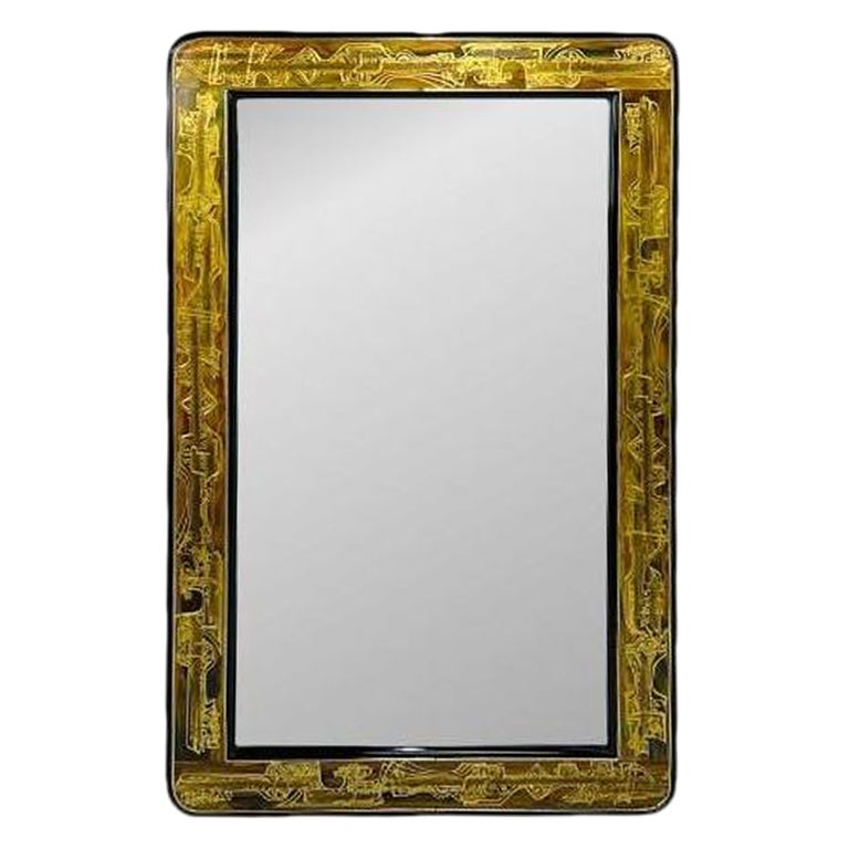 Acid Etched Brass Mirror by Bernhard Rohne for Mastercraft For Sale