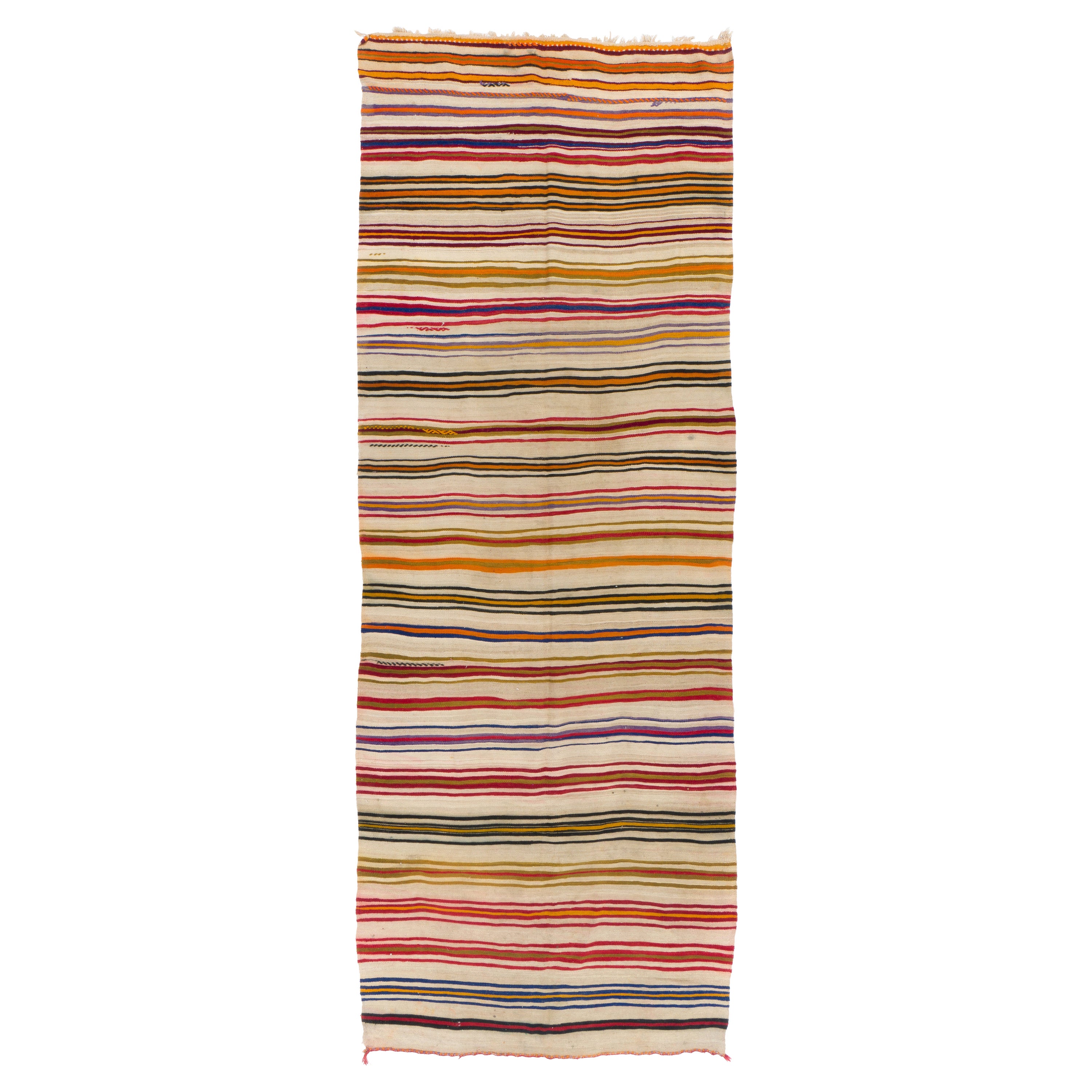 Handgefertigter, 5.3x13.7 Fuß, Vintage-Teppich aus Anatolischem Kelim mit Bändern, Flachgewebe, 100 % Wolle