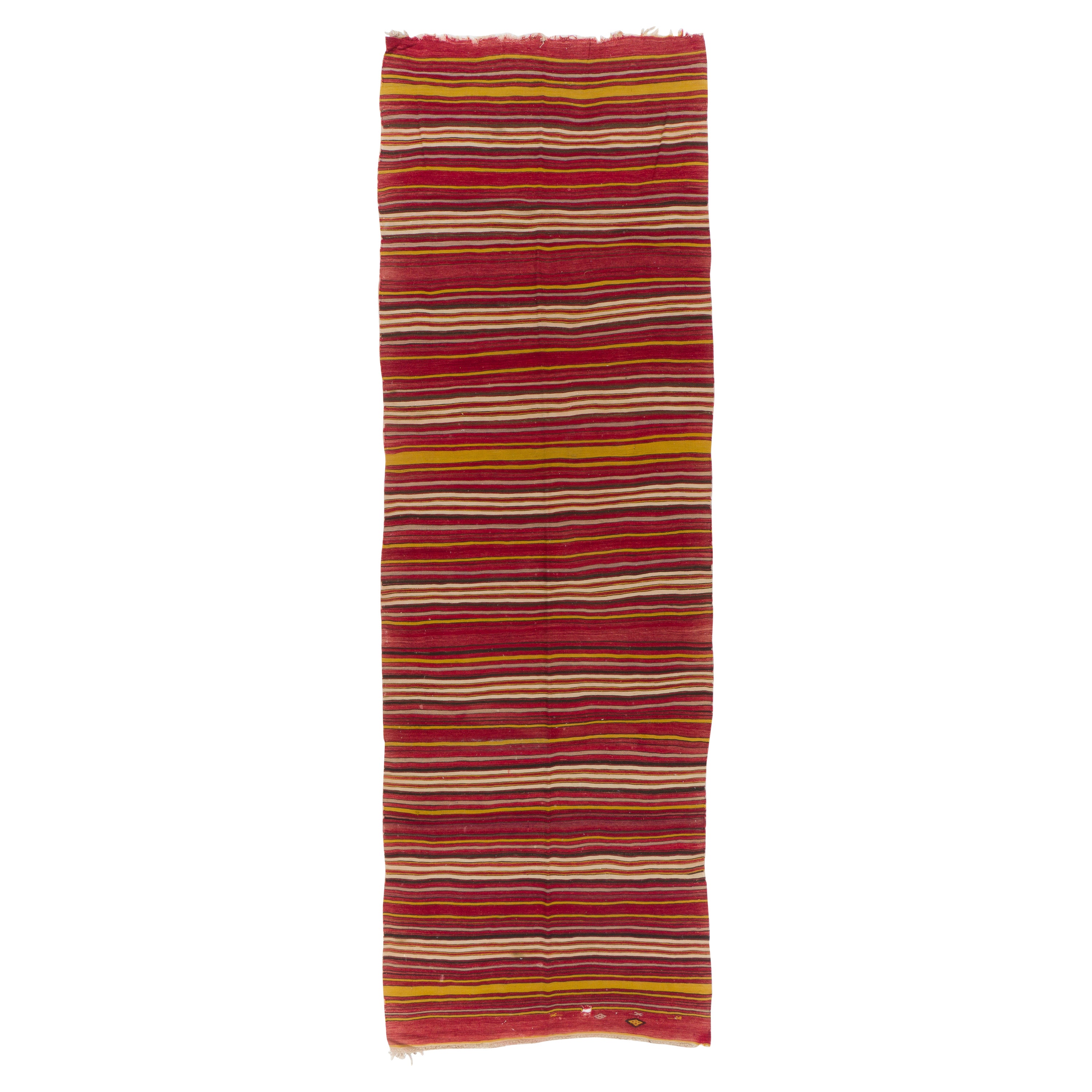 4.6x14.3 Ft Vintage Hand-Woven Turkish Kilim Runner in Red with Colorful Stripes For Sale