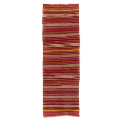 4.6x14.3 Ft Vintage Hand-Woven Turkish Kilim Runner in Red with Colorful Stripes
