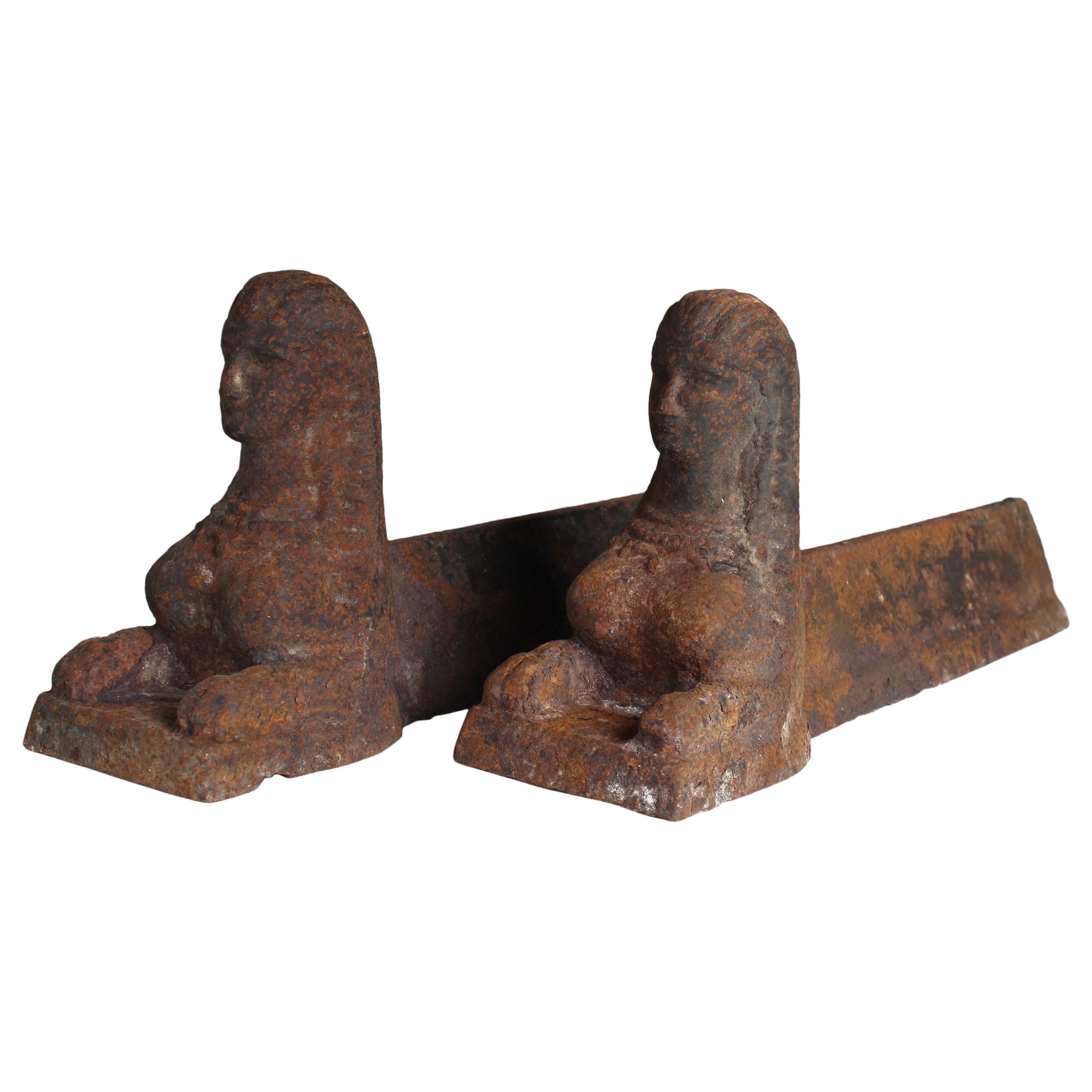 Mid 19th Century Firedogs, Sphinx Andirons, Cast Iron, 44 cm