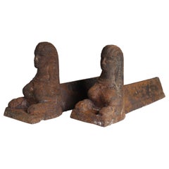 Antique Mid 19th Century Firedogs, Sphinx Andirons, Cast Iron, 44 cm