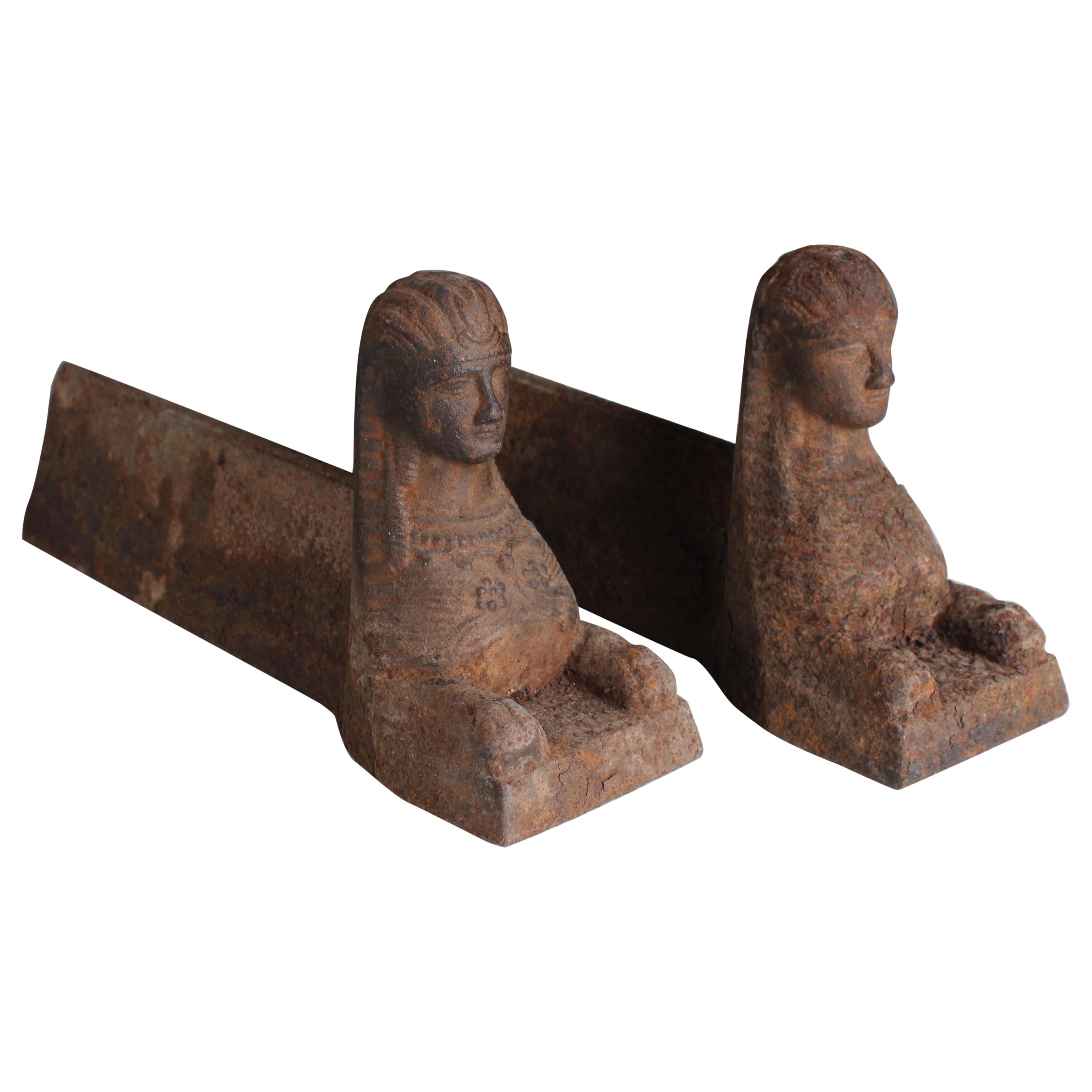 Mid 19th Century Firedogs, Sphinx Andirons, Cast Iron, 40 cm