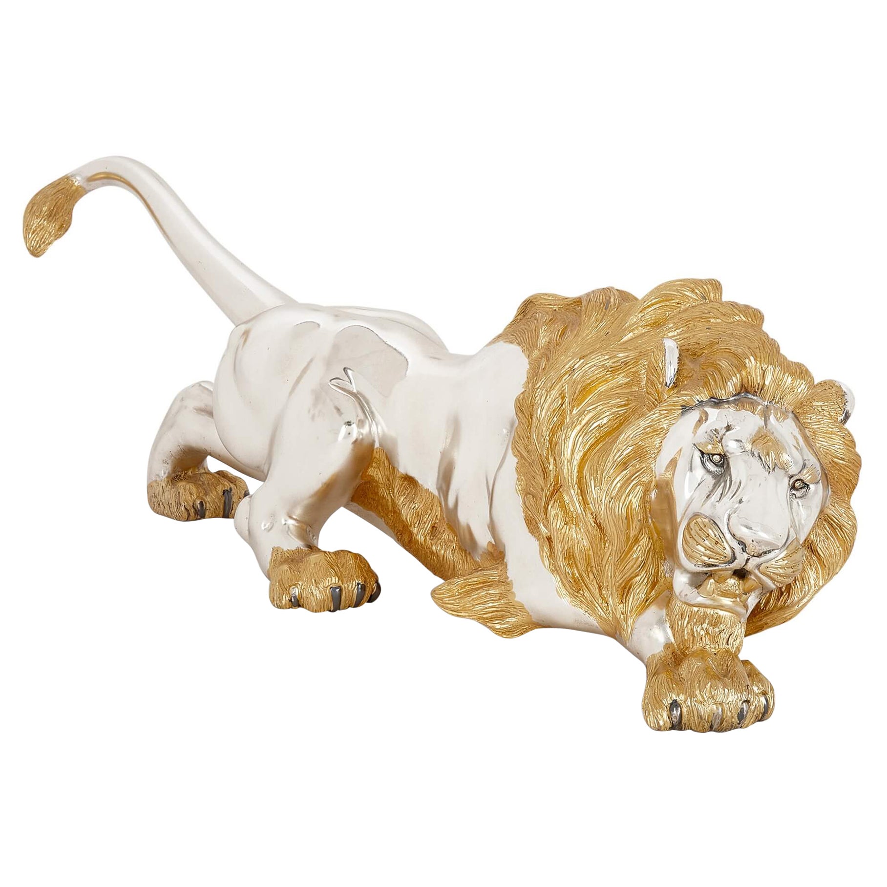 Großes Modell eines Löwen aus Silber, Vermeil und Diamanten von Asprey