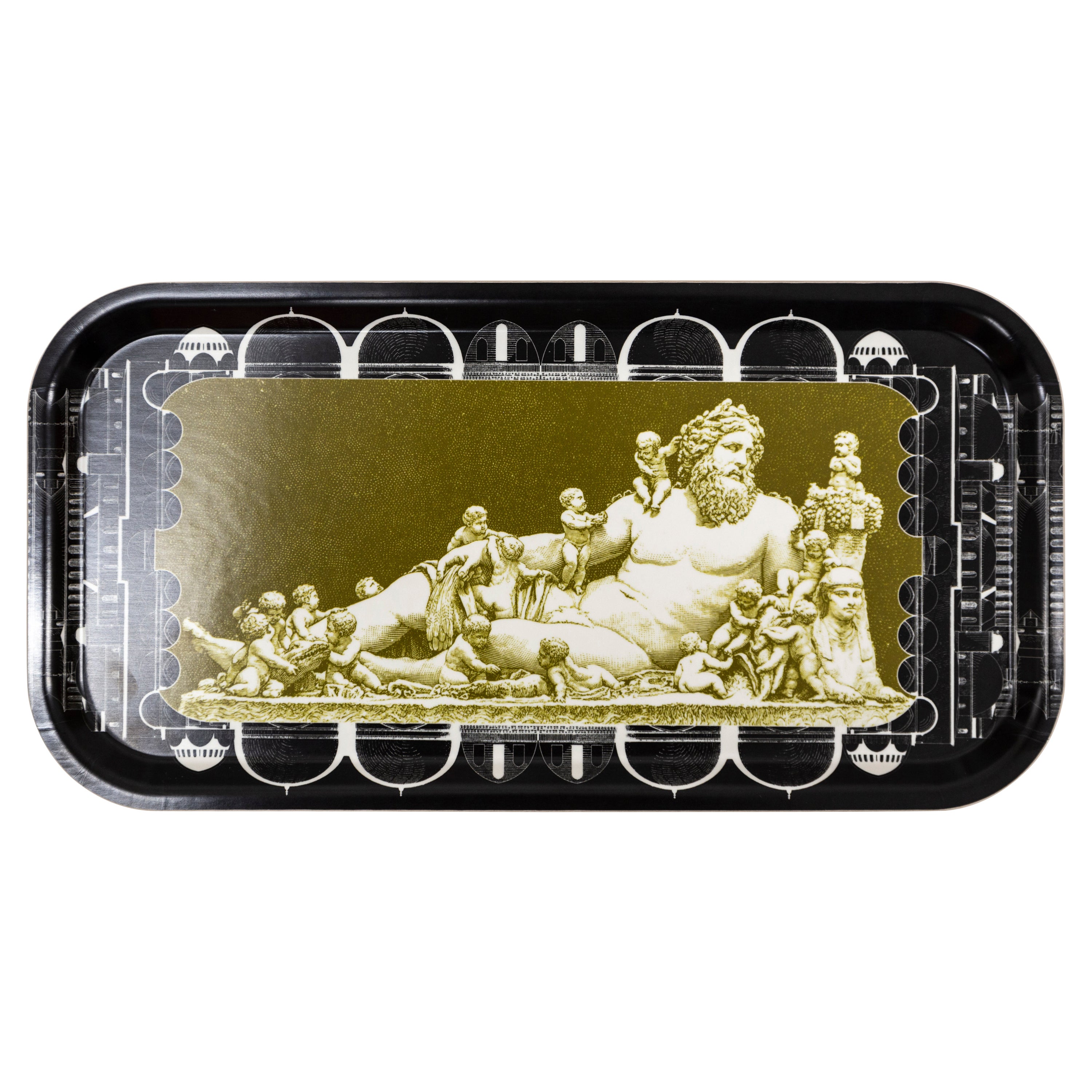Rome, Contemporary Wooden Tray With Statue Etching and Architectural Elements