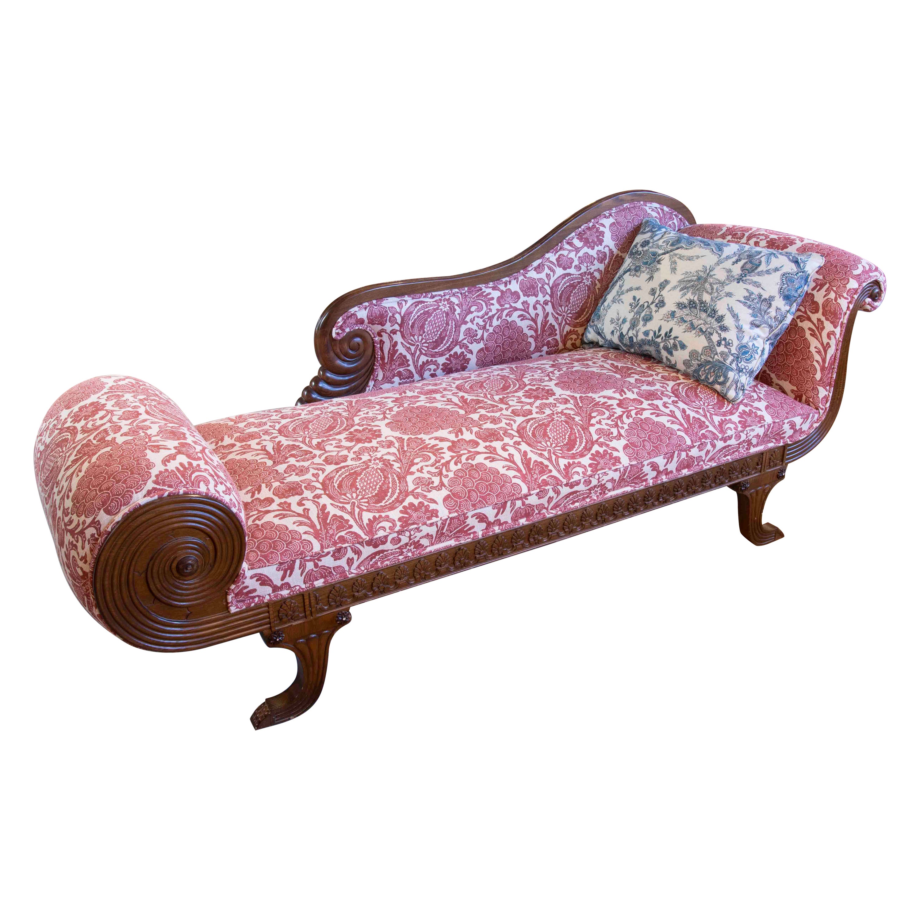 Wooden Chaise Longue with a New Upholstery and Pomegranate Decoration 