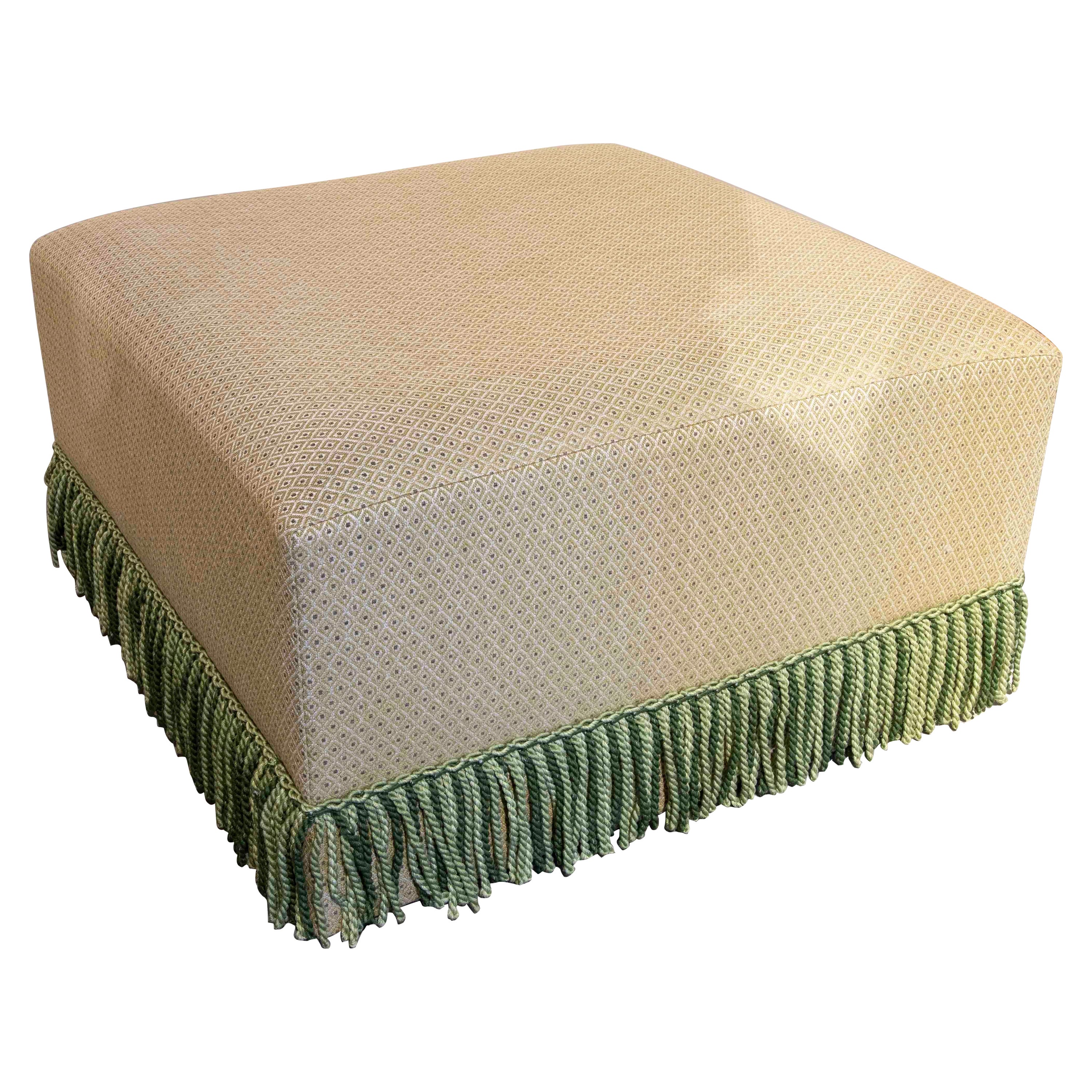 Square Pouf Upholstered with a New Fabric with Flower Decoration in Green Tones For Sale