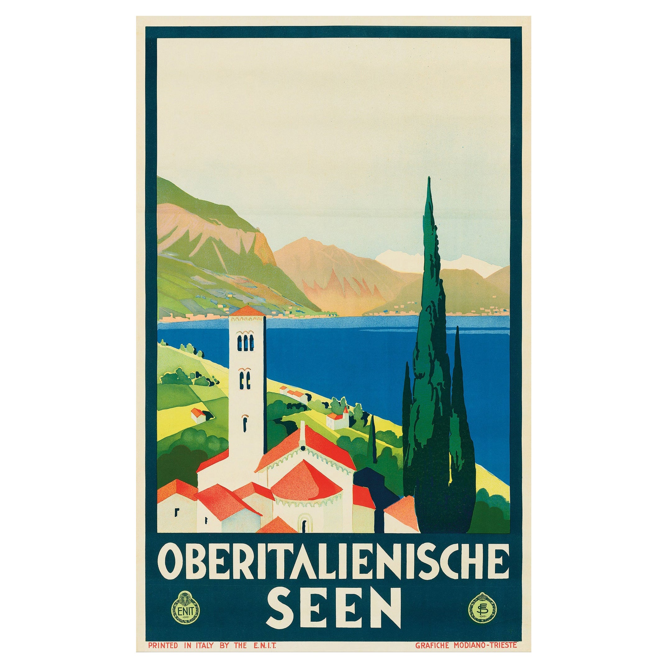 Original Vintage Travel Poster Italian Lakes ENIT Como Lake Maggiore Art Deco For Sale