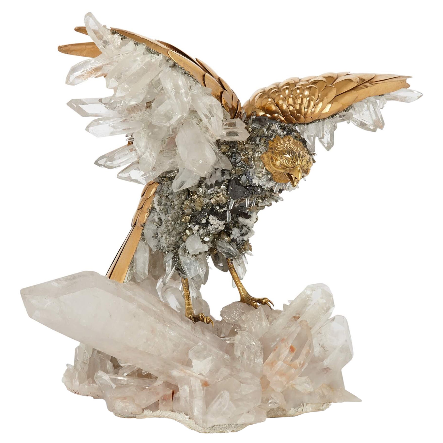 Large Quartz Crystal and Vermeil Bird Model by Asprey For Sale