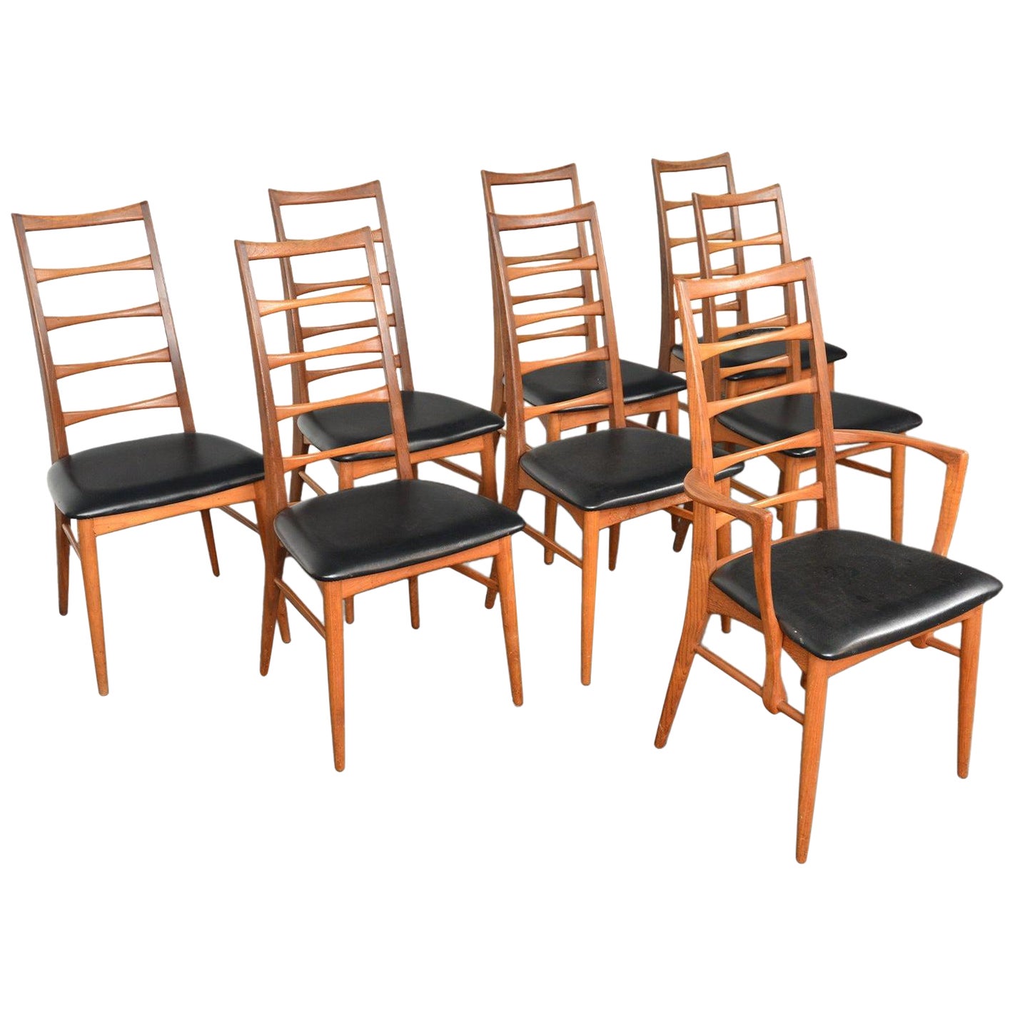 Ensemble de huit chaises de salle à manger Lis à dossier haut en teck