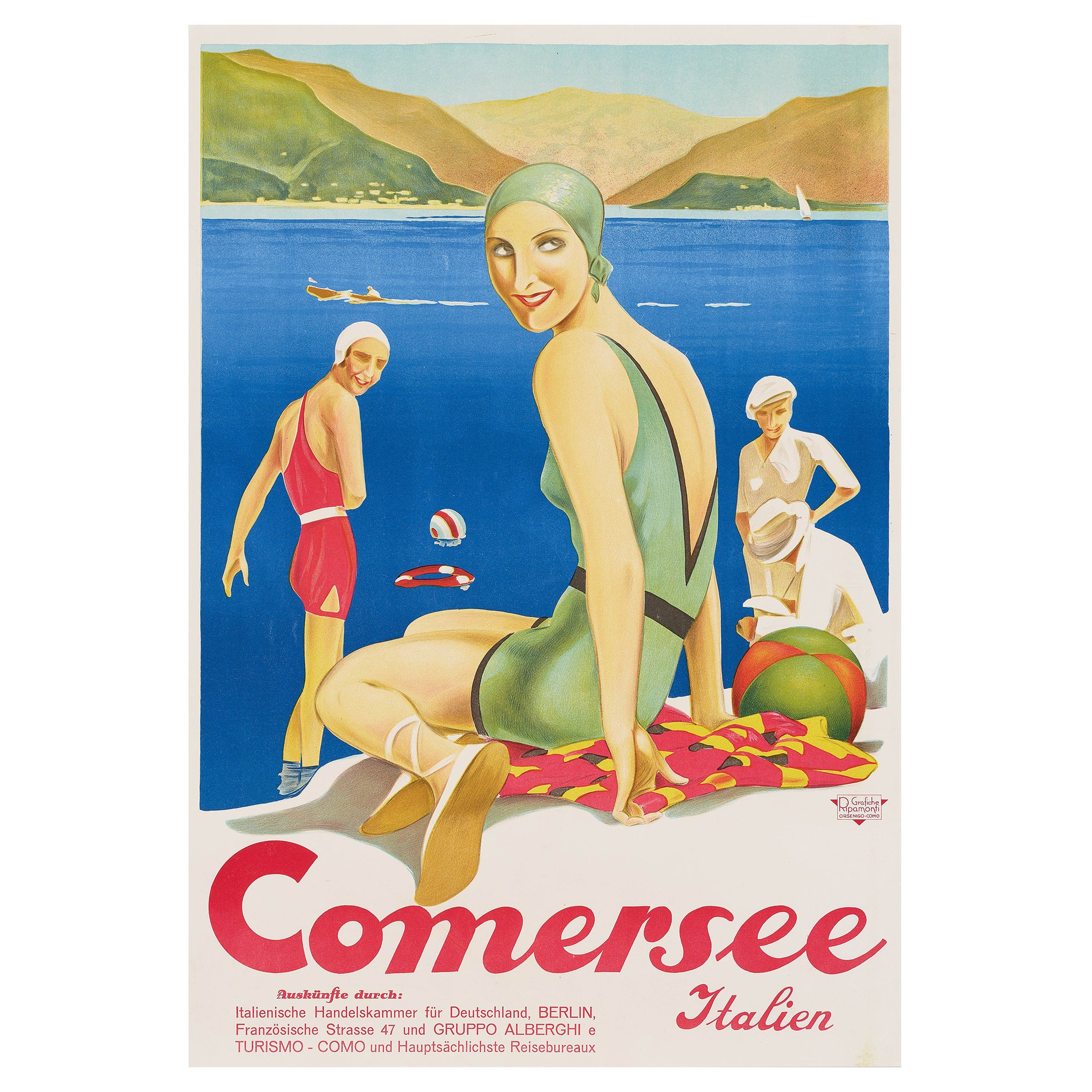 Original Vintage Travel Poster Lake Como Art Deco Bathers Comersee Italy Italien en vente