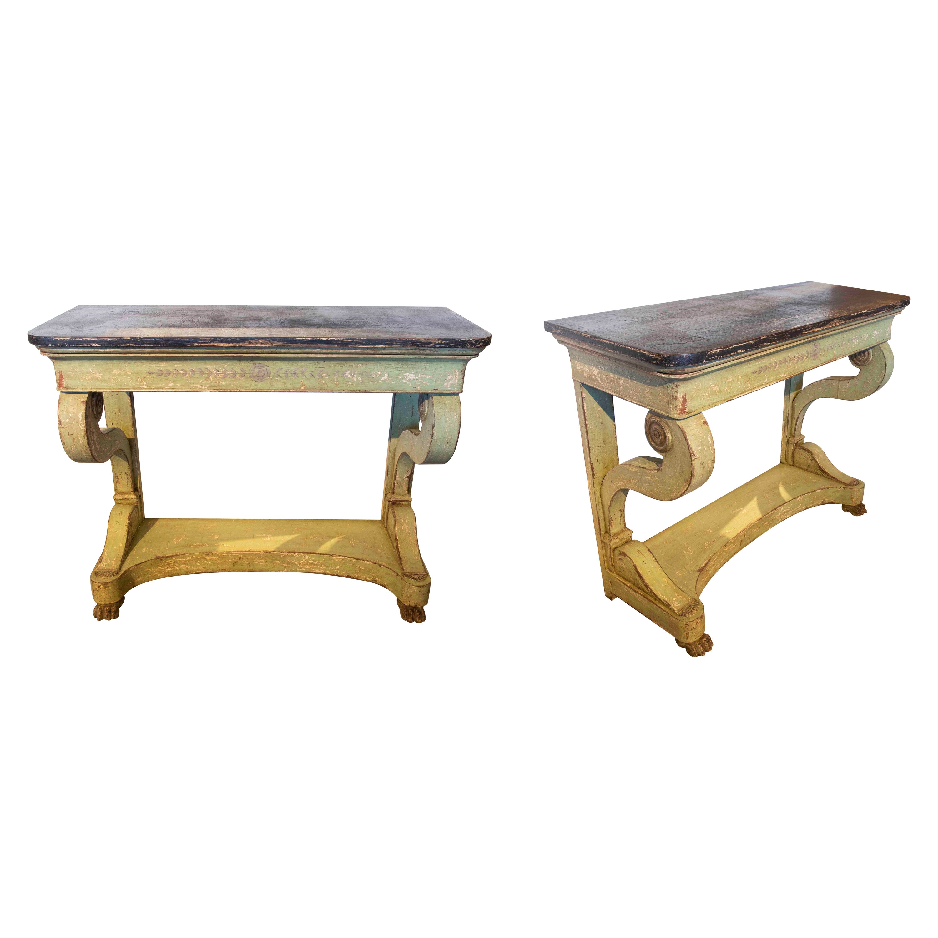Pair of Polychromed Wooden Consoles in Green Tone with Claw Legs For Sale