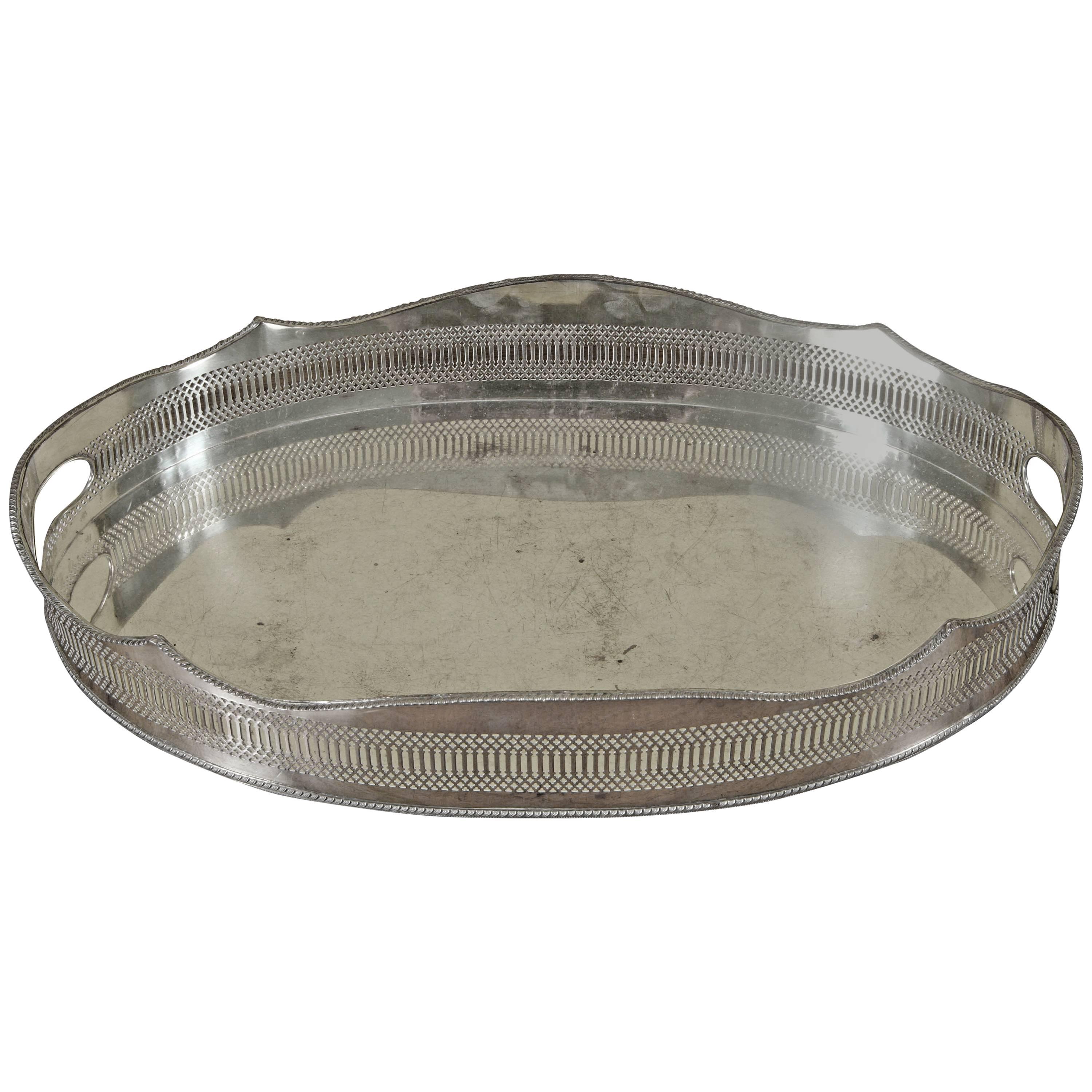 A Large Oval Early Sheffield Silver Gallery Tray with Hand-Cut Outs