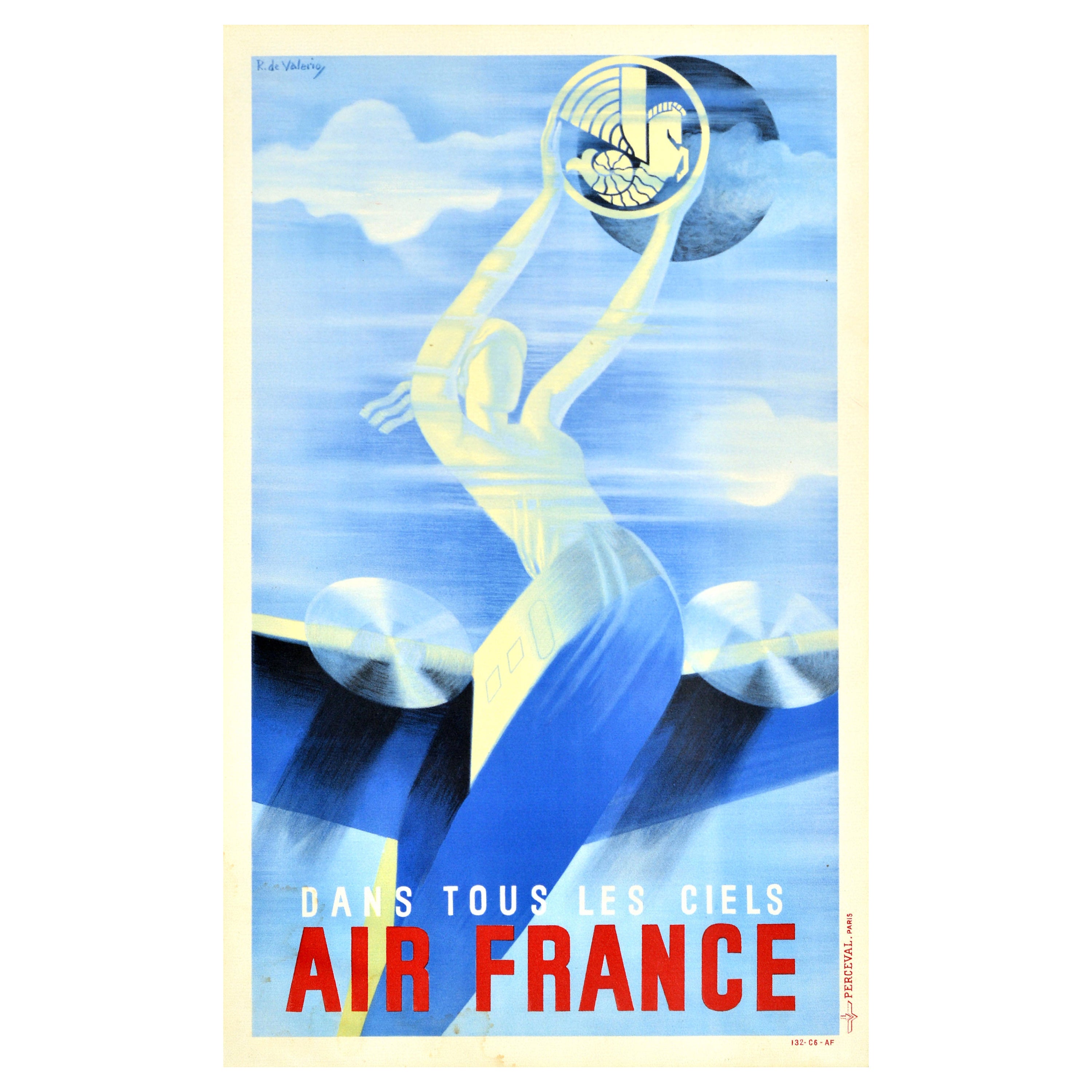 Affiche de voyage originale d'Air France Airways In All Skies Roger De Valerio