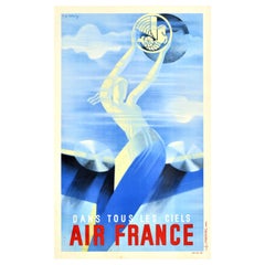 Affiche de voyage originale d'Air France Airways In All Skies Roger De Valerio