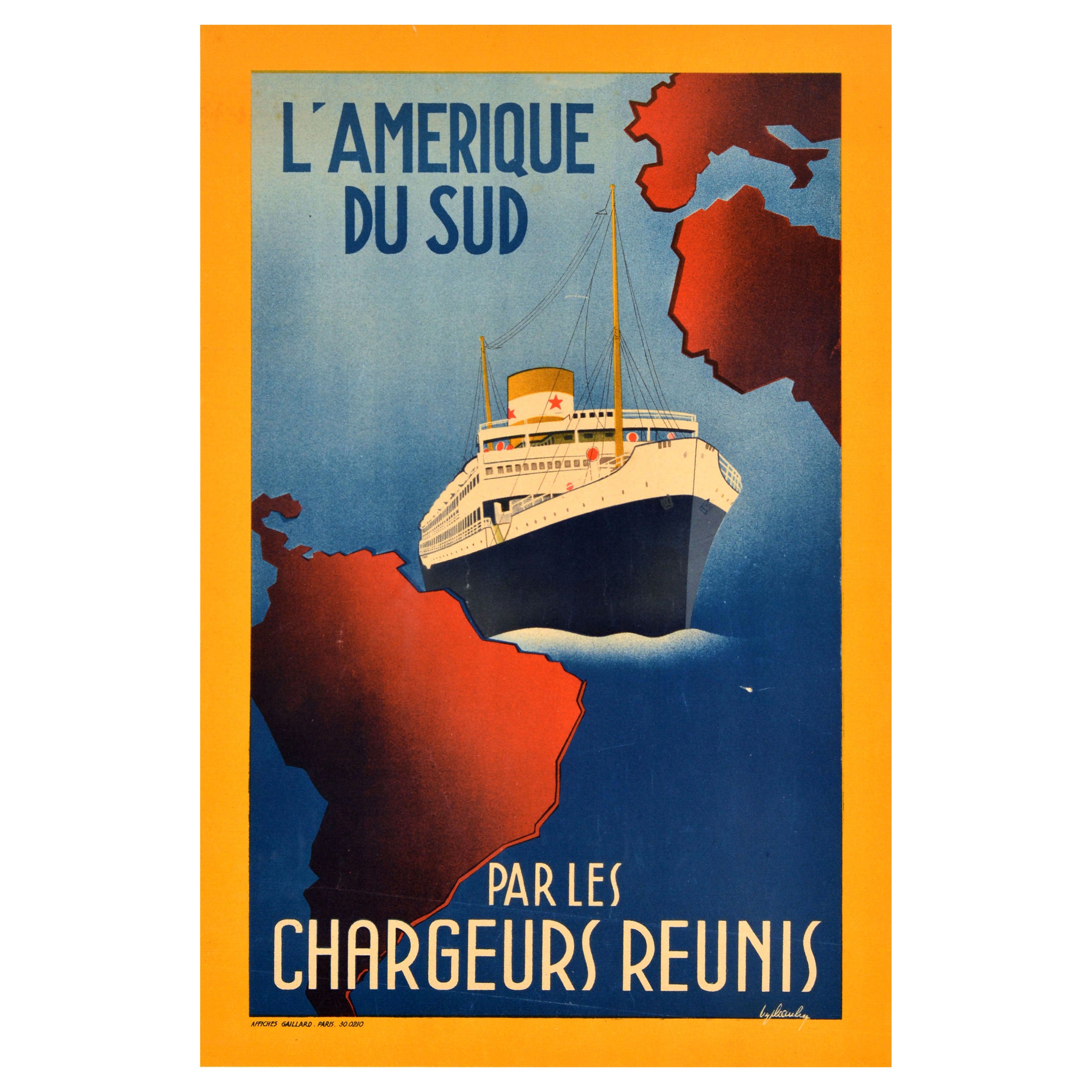Affiche rétro originale de voyage Amerique du Sud par les Chargeurs Reunis Cruise