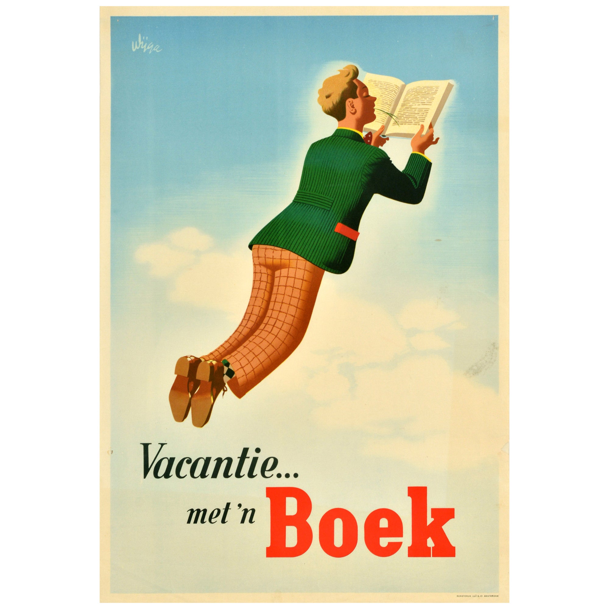 Affiche publicitaire vintage originale d'un livre de vacances Boek Sky Jan Wijga en vente