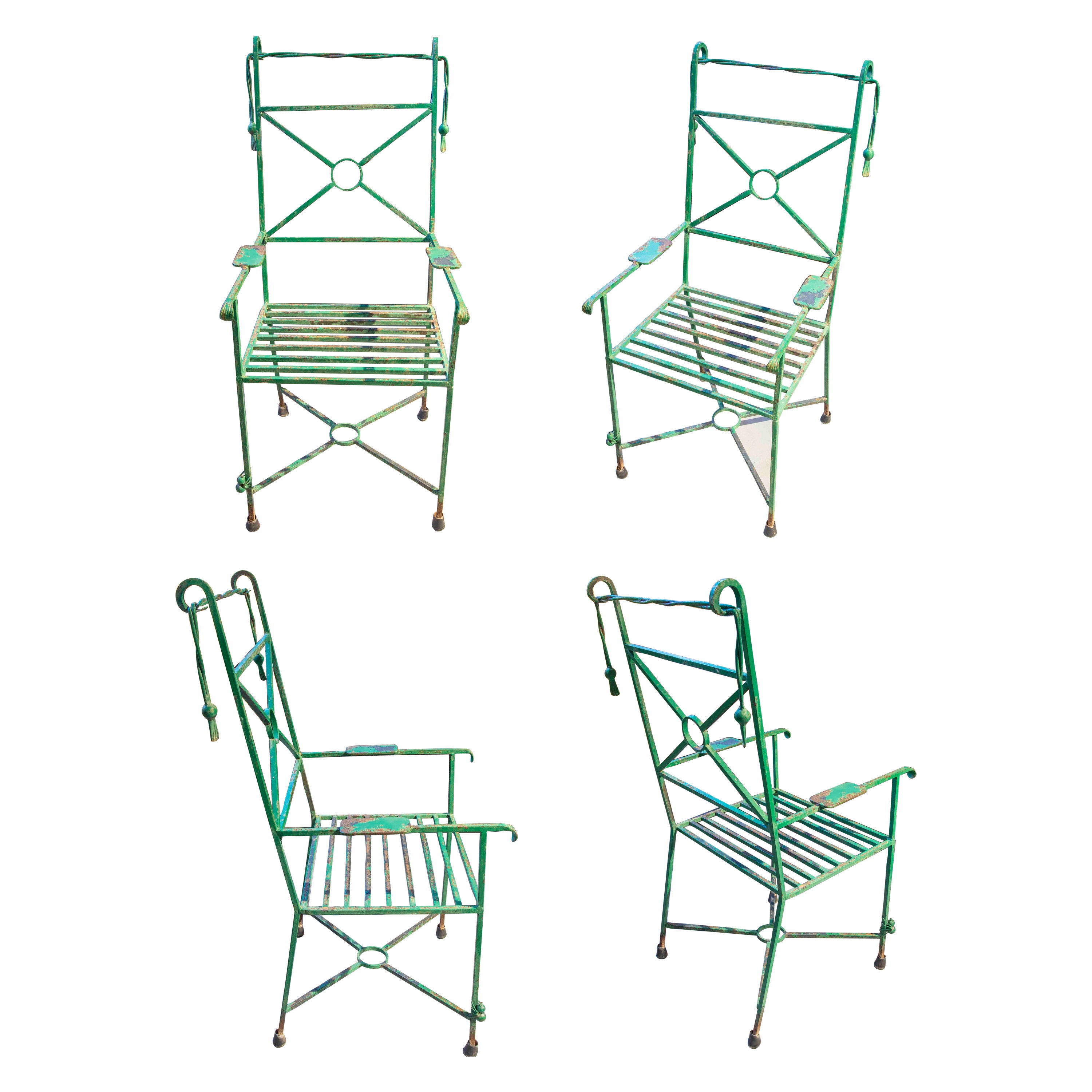 Four Green Painted Iron Chairs with Ants Decoration on the legs