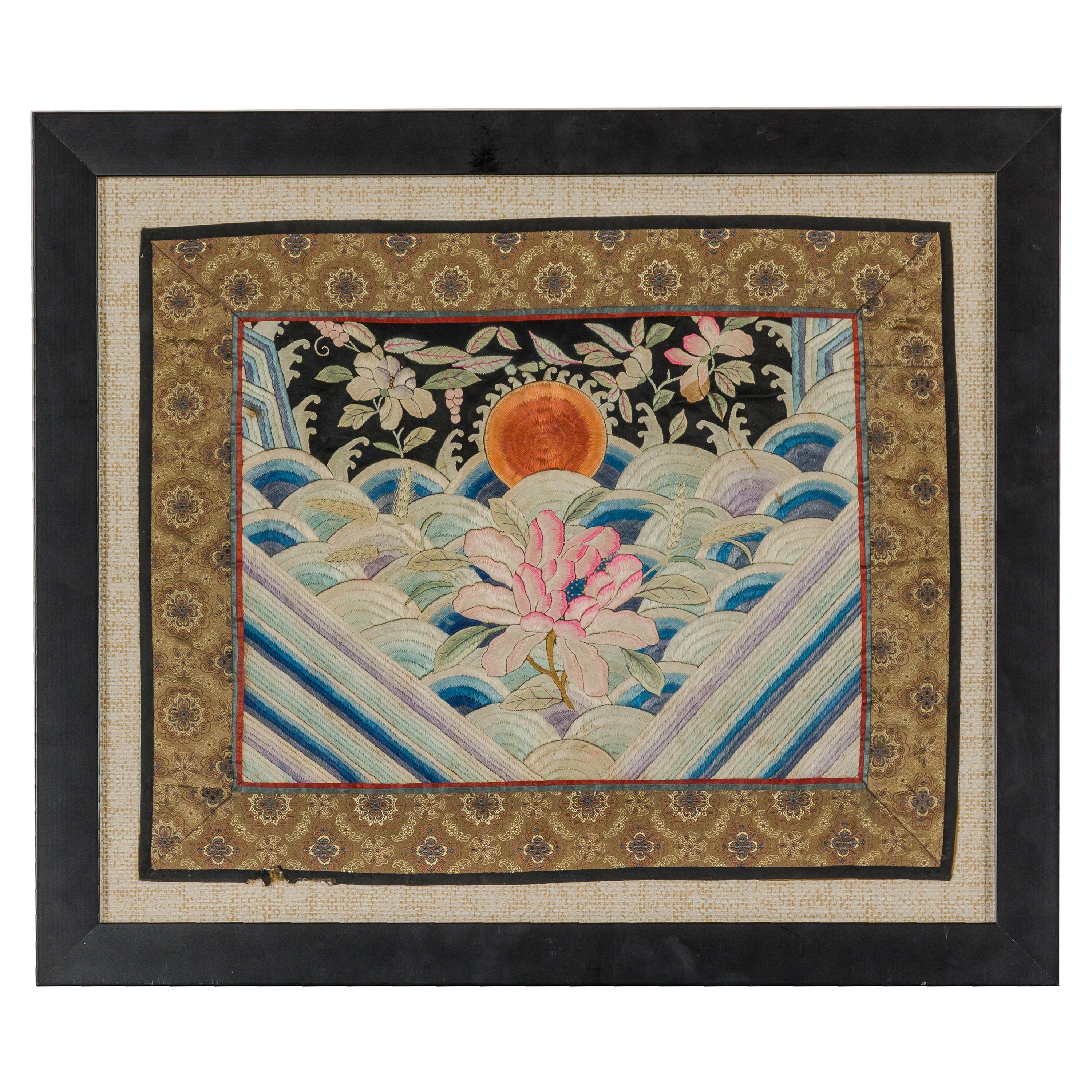 Vintage Chinese Silk Fabric with Flower and Sun Motif in Custom Black Frame For Sale