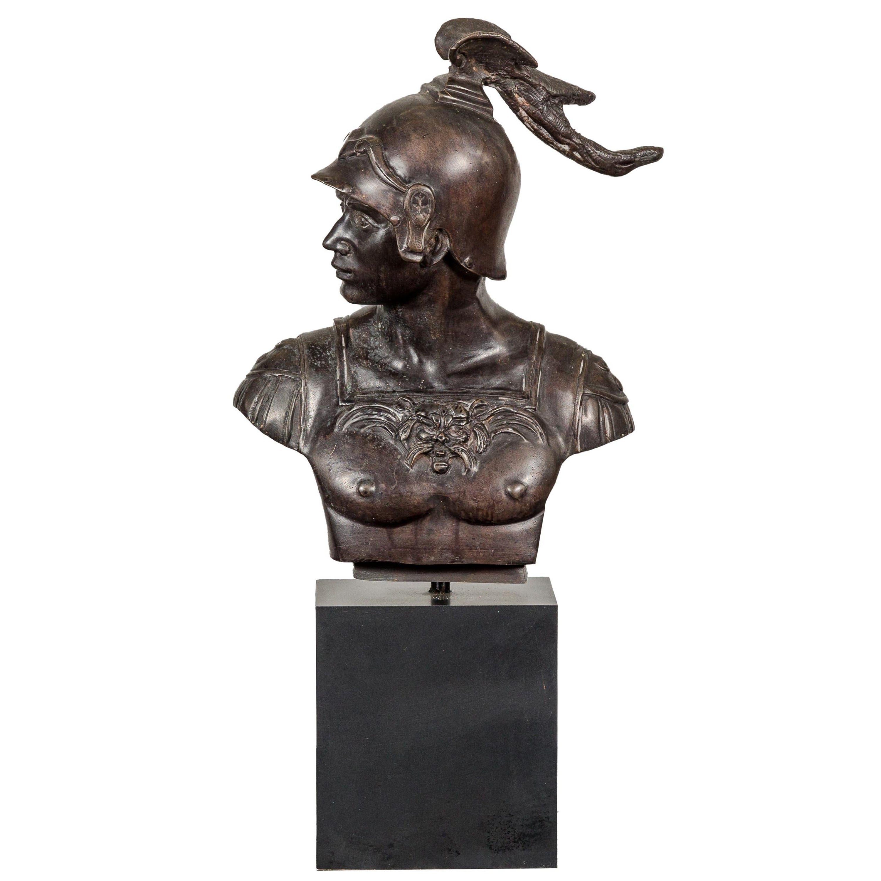 Bronze Greco Roman Style Bust of a Spartan Soldier on Black Wooden Base For Sale
