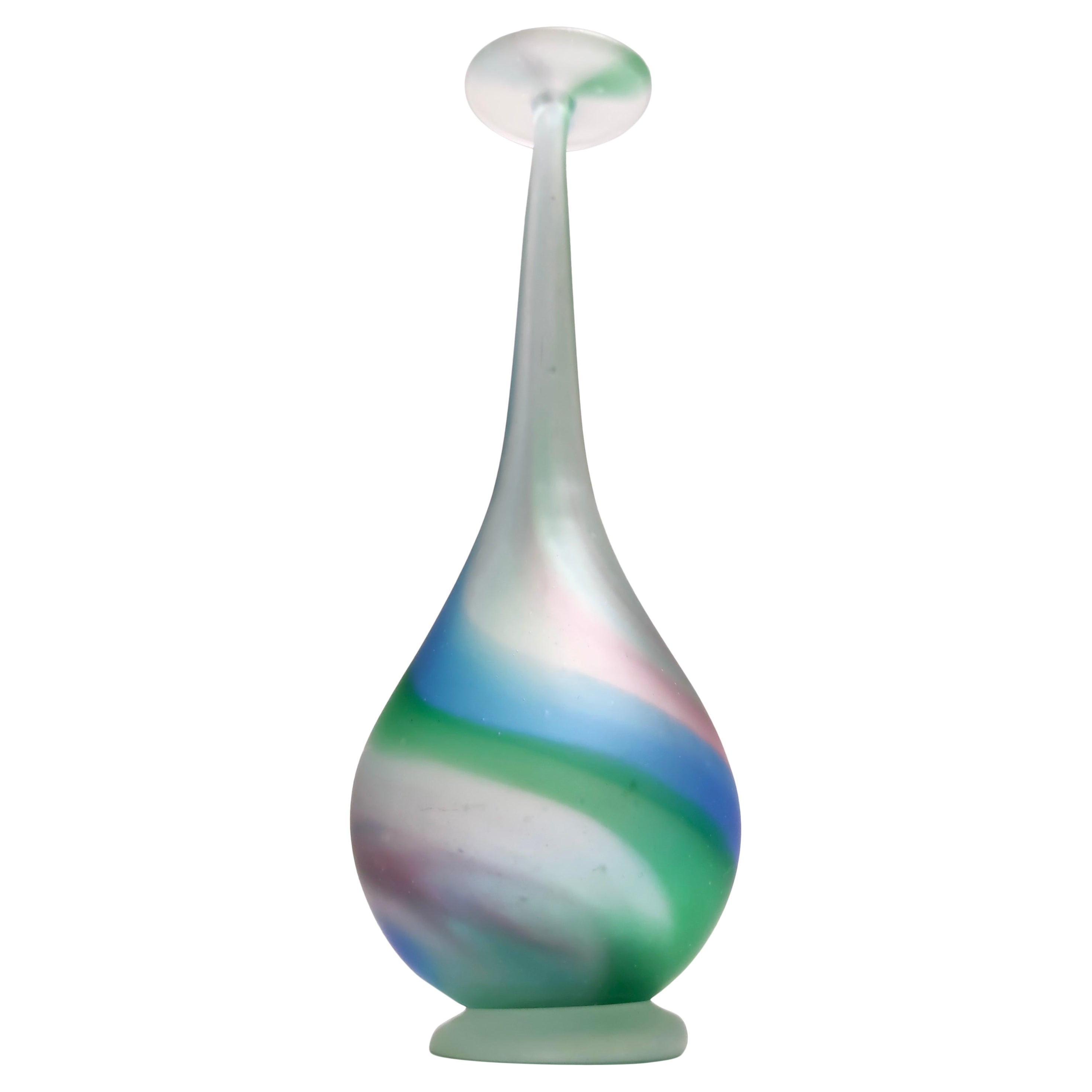Stunning Green, Blue and Pink Etched Murano Glass Single Flower Vase, Italy For Sale