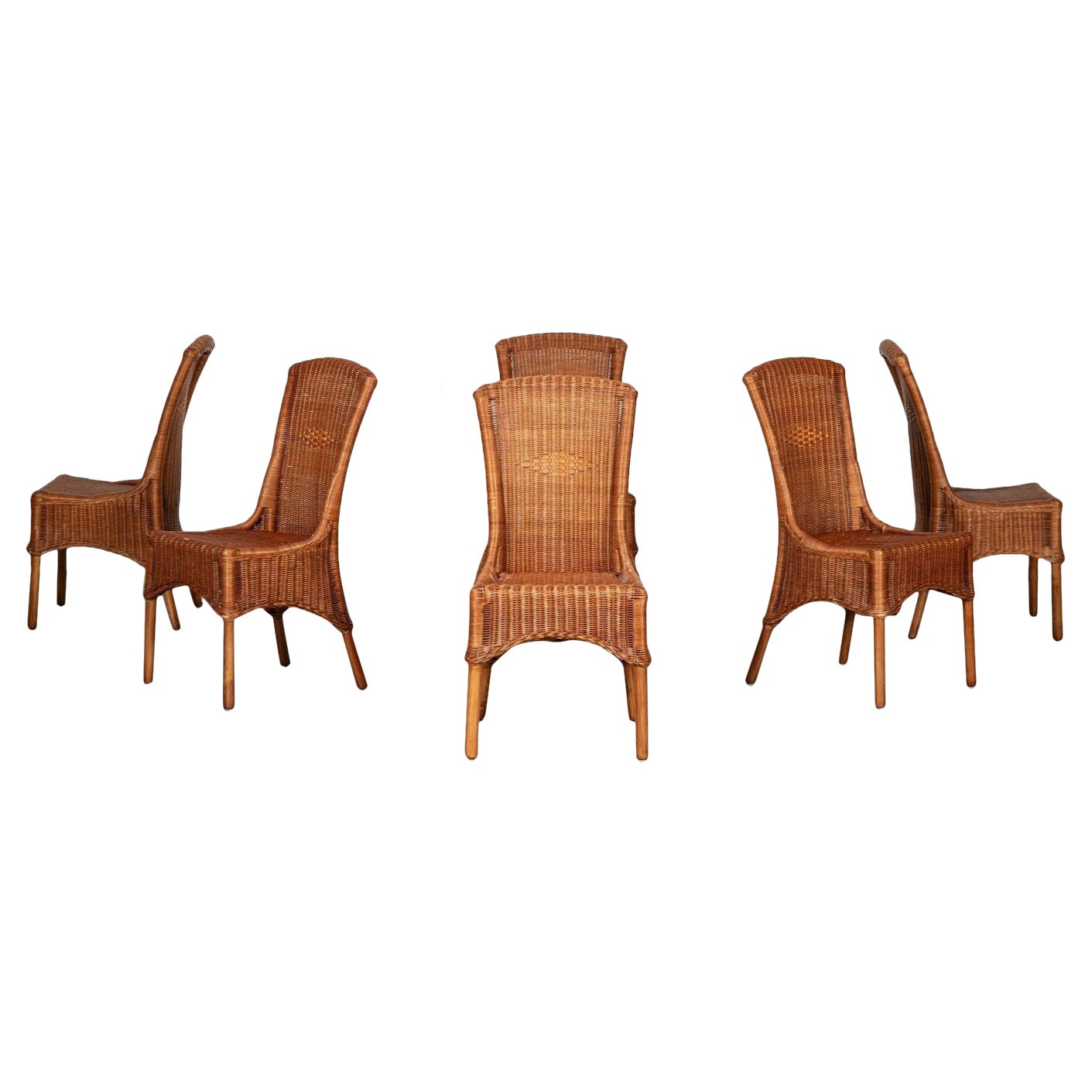 Set Six Mid 20thC English Wicker Dining Chairs For Sale