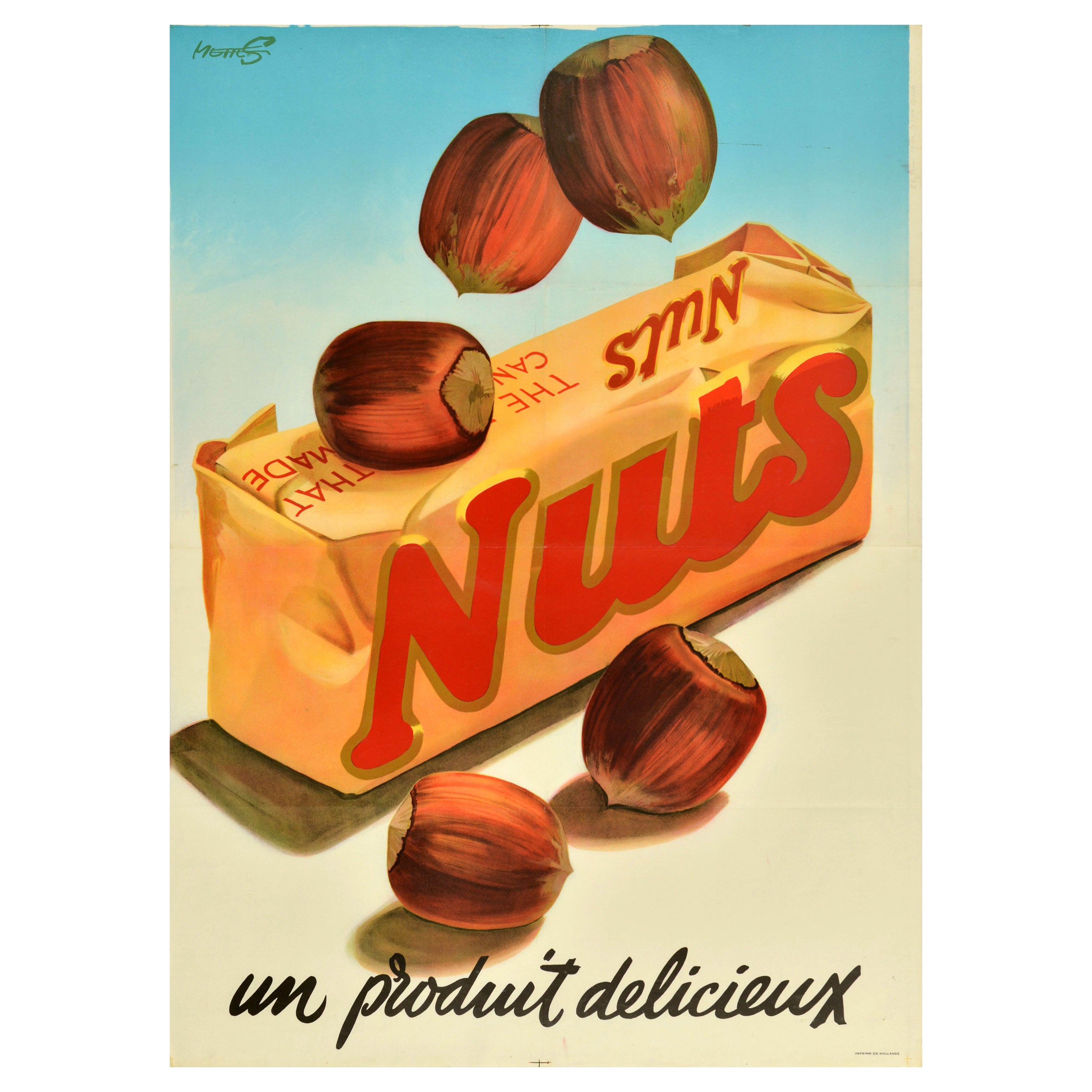 Original Vintage Food Advertising Poster Nuts Chocolate Bar Delicious Product For Sale