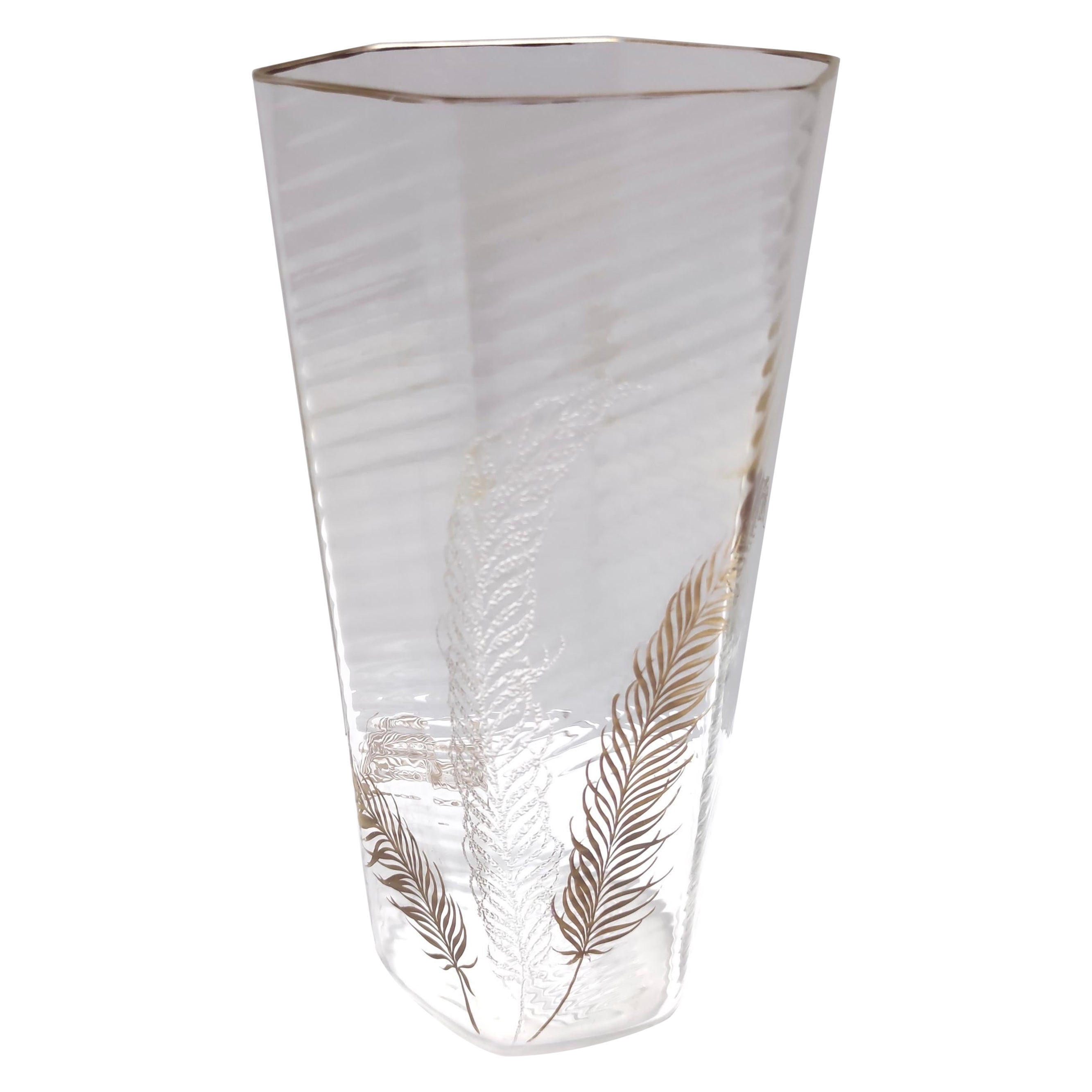 Rare and Elegant Transparent and Gold Hexagonal Murano Glass Vase by Cenedese