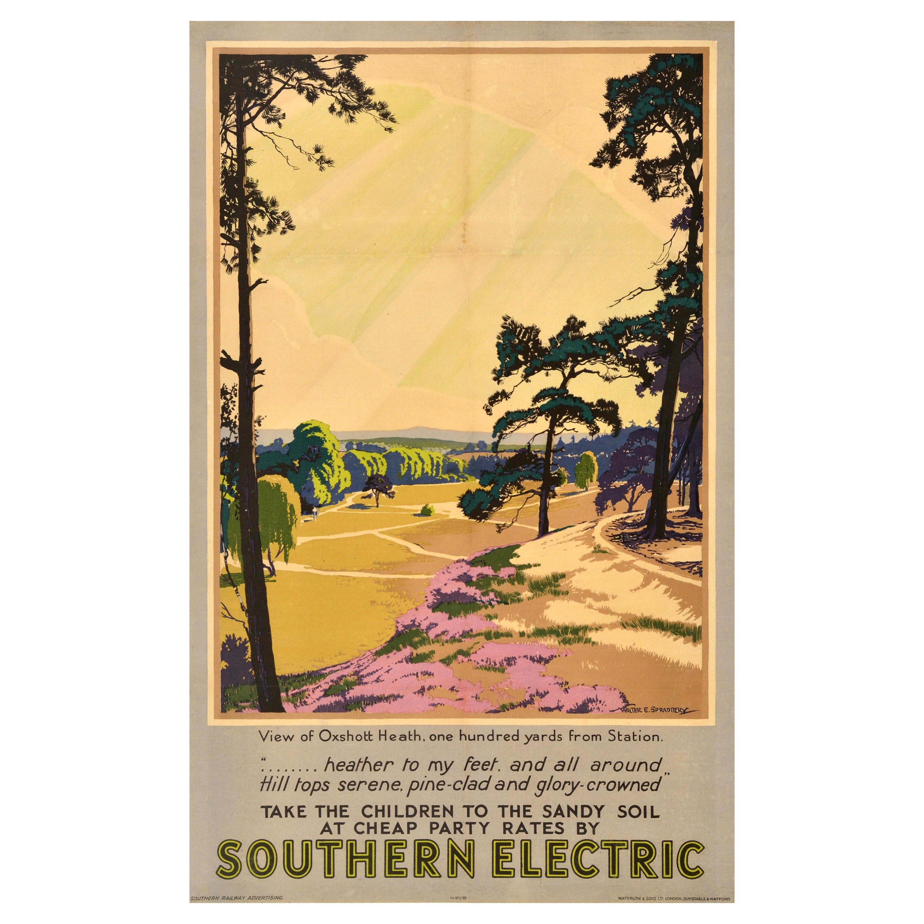 Affiche rétro originale de voyage en train, Southern Electric Railway Oxshott Surrey