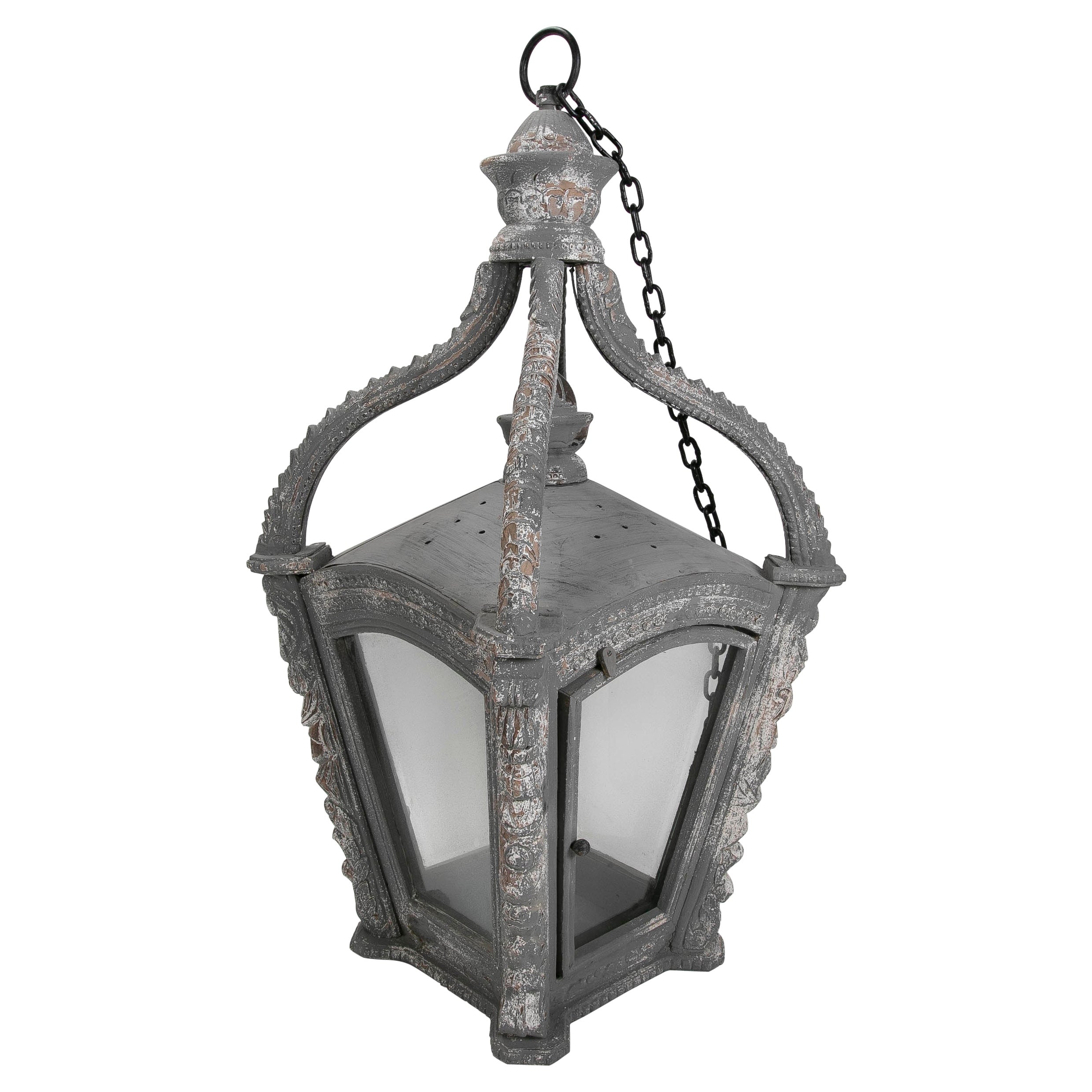 Ceiling Lantern Carved in Wood with Antique Finish in Grey Tones For Sale