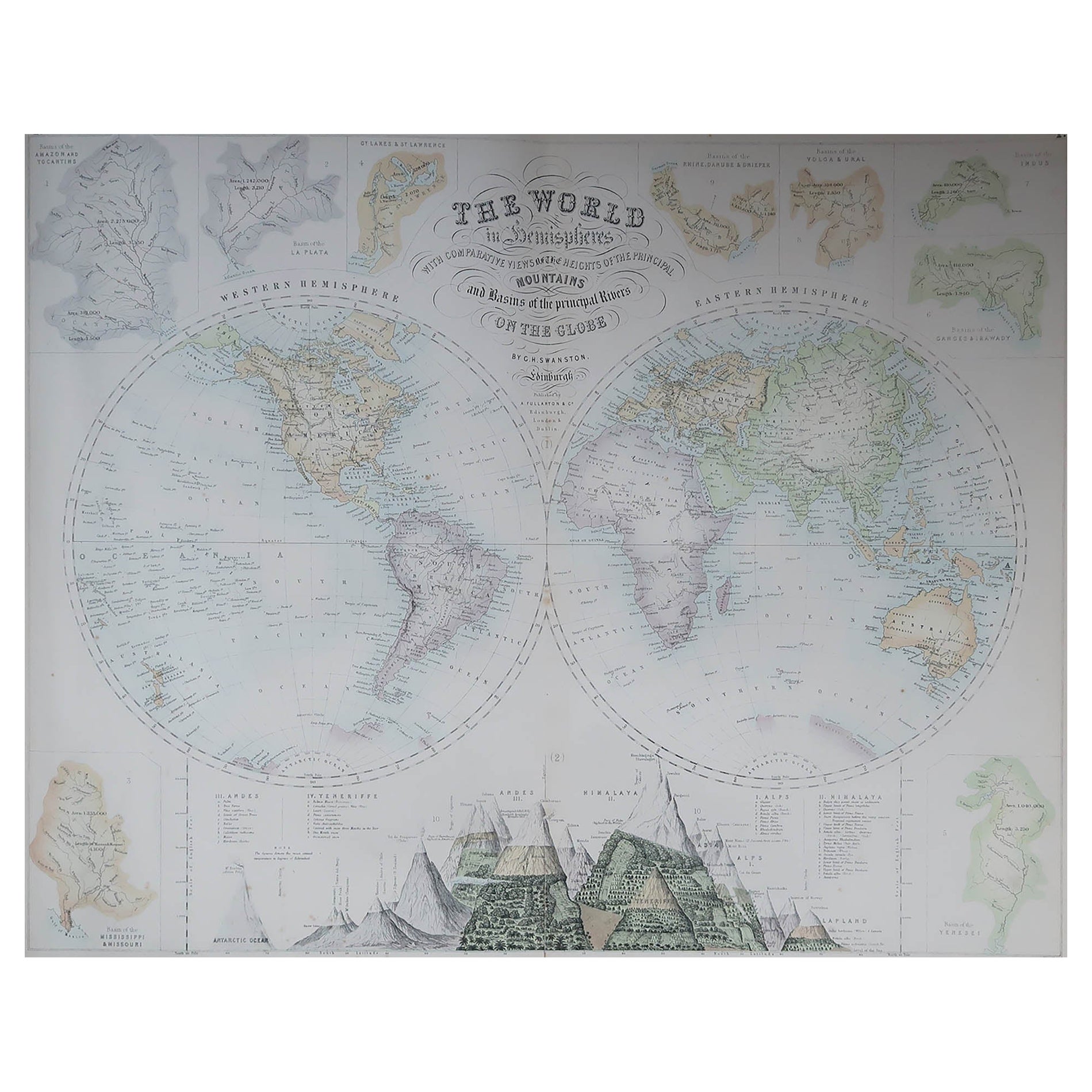 Grande carte ancienne originale du monde, Fullarton, vers 1870