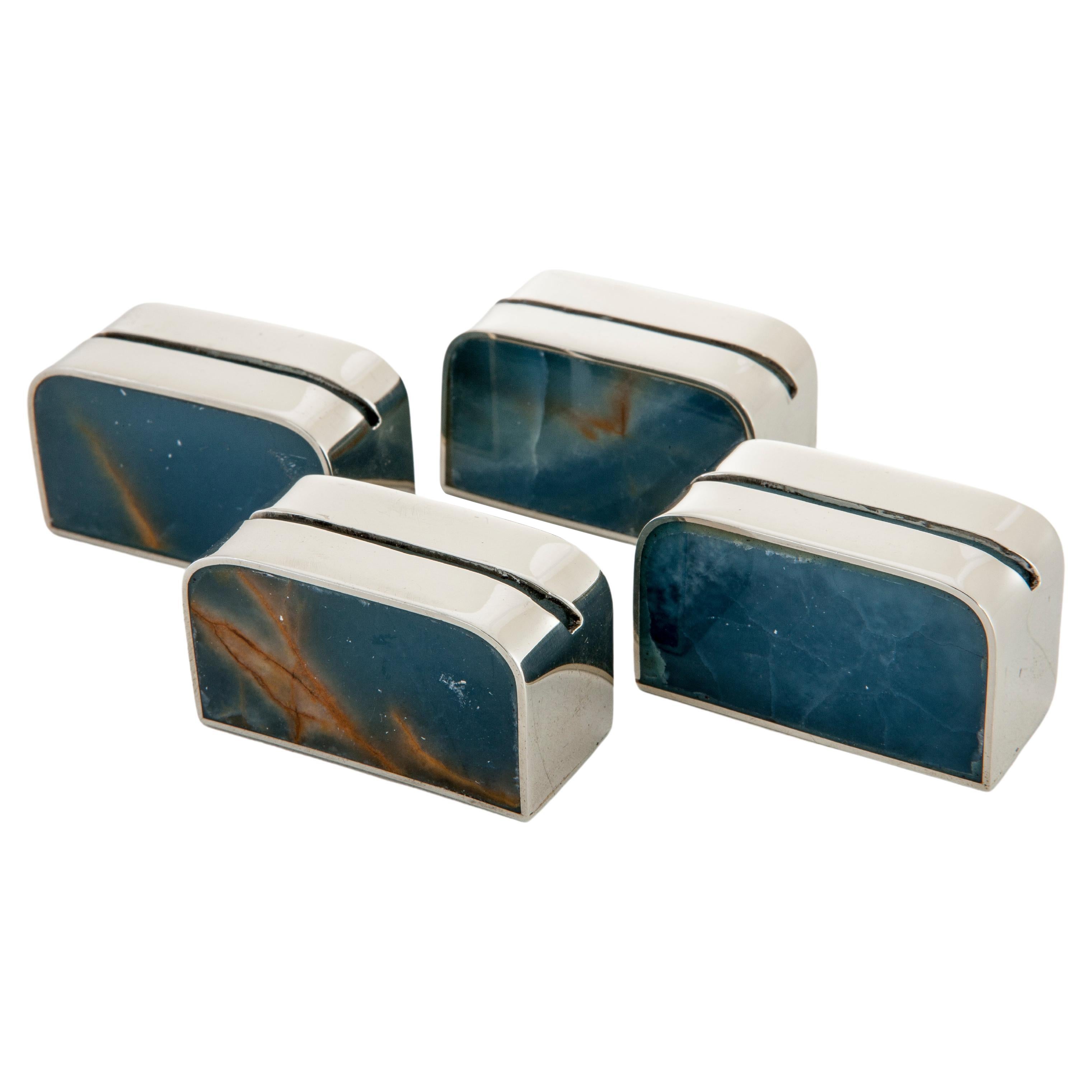 Salta Place Card Holders, Alpaca Silver & Blue Natural Onyx Stone For Sale