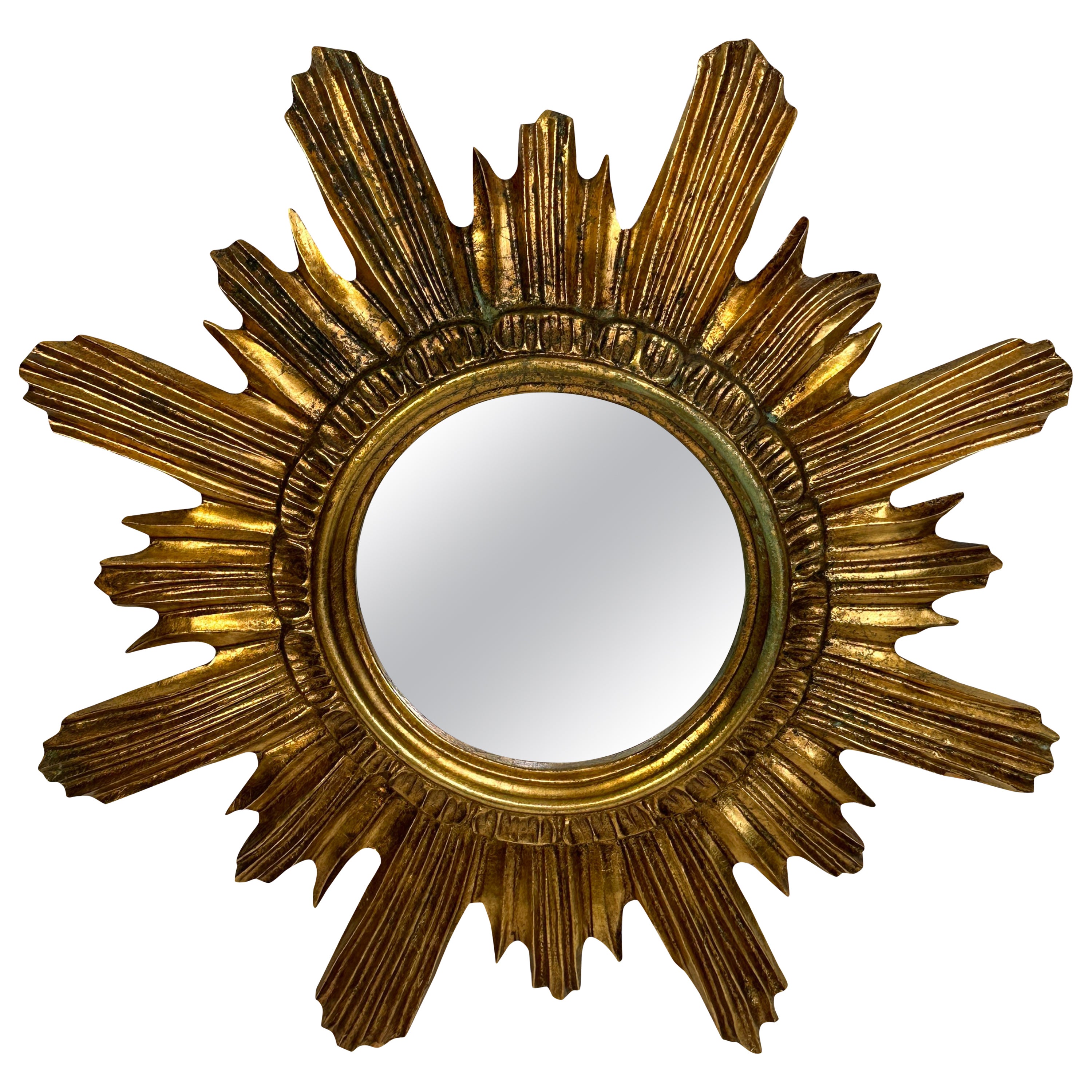 Stunning Sunburst Starburst Mirror Wood Stucco, Italy, circa 1950s For Sale