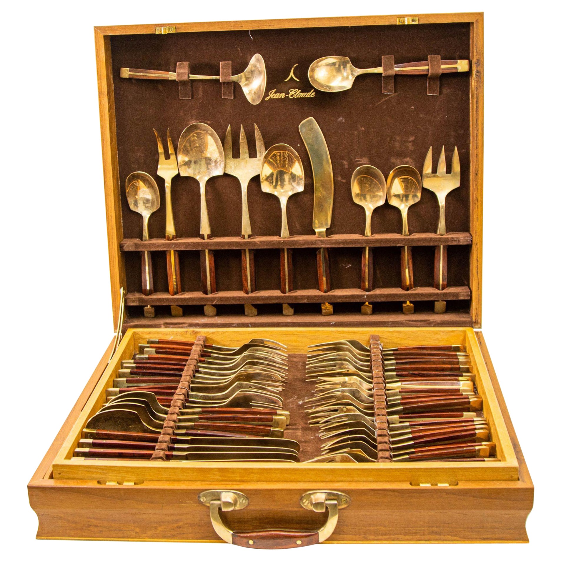 Vintage 1960s Rosewood and Bronze Flatware Set by Jean Claude 89 pieces For Sale