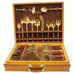 Retro 1960s Rosewood and Bronze Flatware Set by Jean Claude 89 pieces