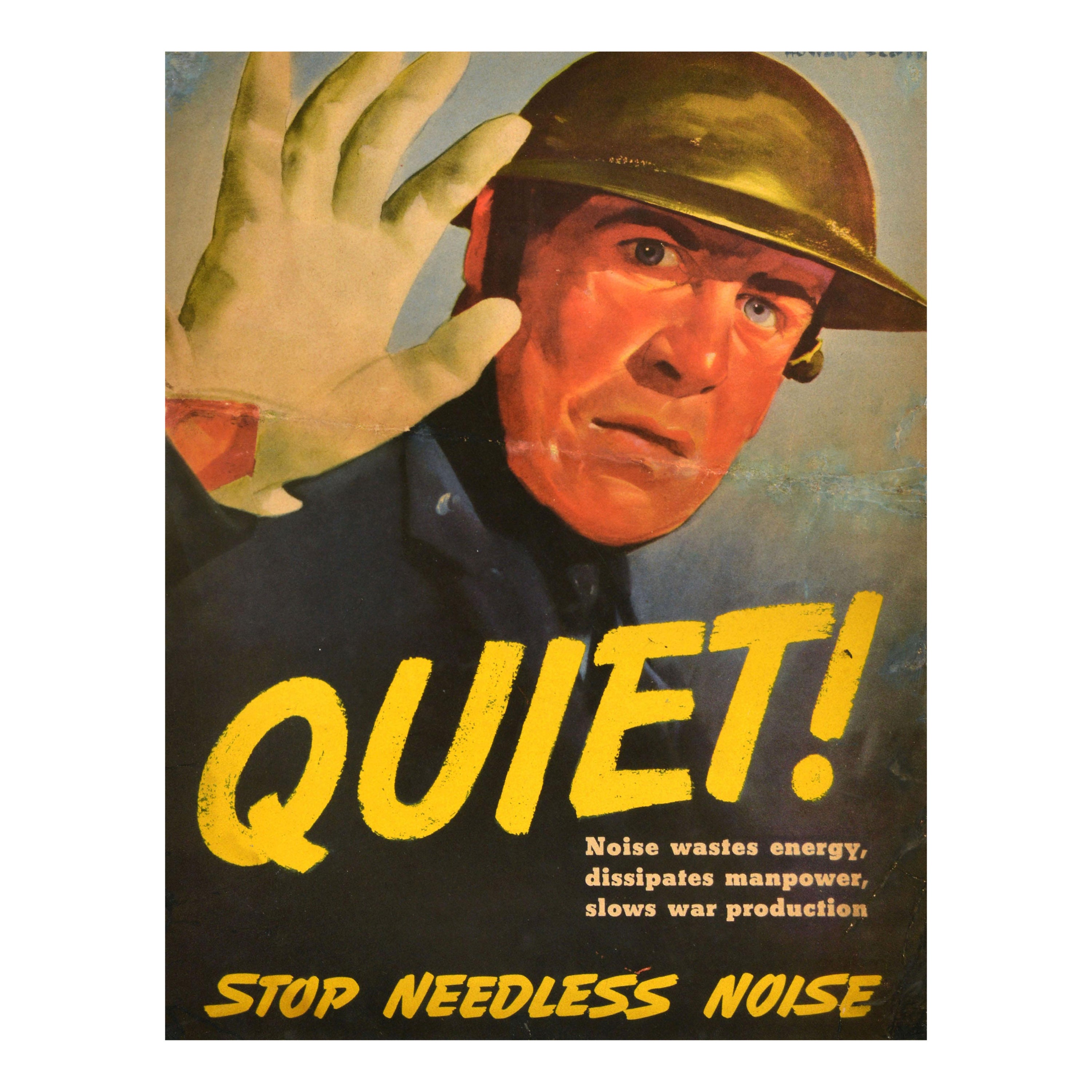 Original Vintage War Propaganda Poster Quiet Stop Needless Noise WWII Soldier For Sale