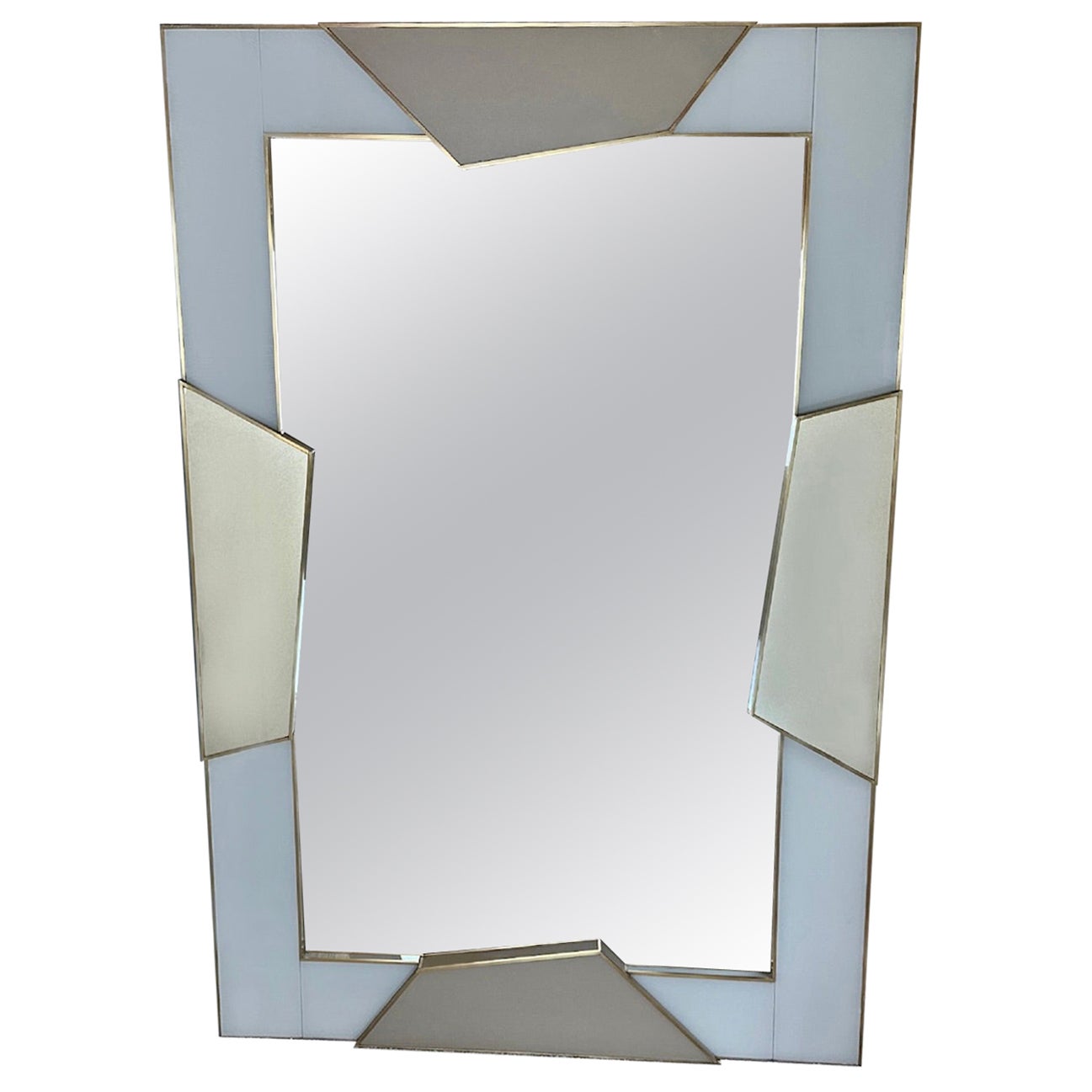 Late 20th Century Italian Light Grey & Gold Opaline Glass w/ Brass Wall Mirror For Sale