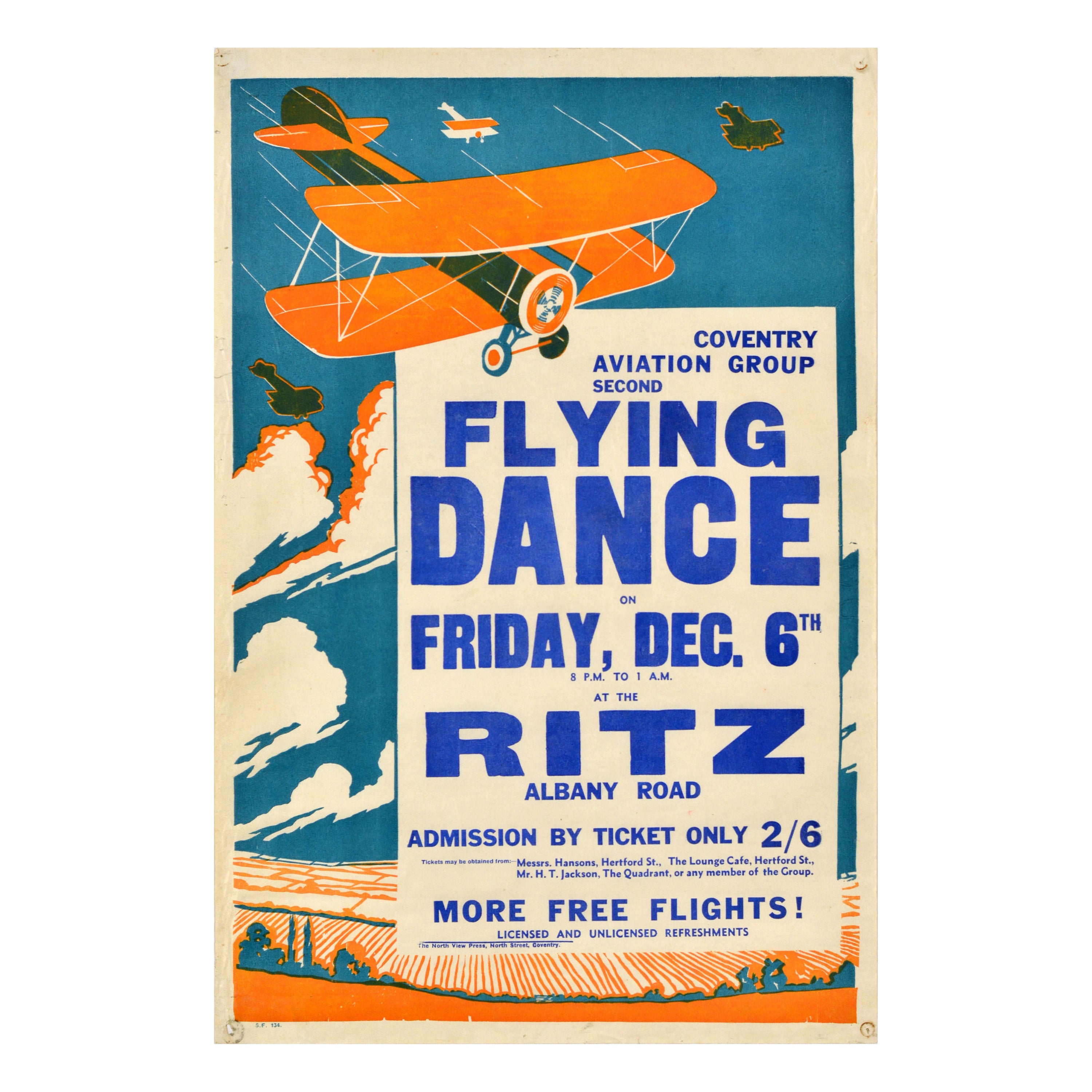 Original Vintage Advertising Poster Flying Dance Coventry Aviation Group Plane For Sale