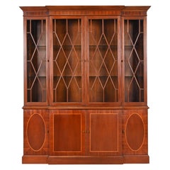 Baker Furniture Georgian Inlaid Mahogany Lighted Breakfront Bookcase Cabinet