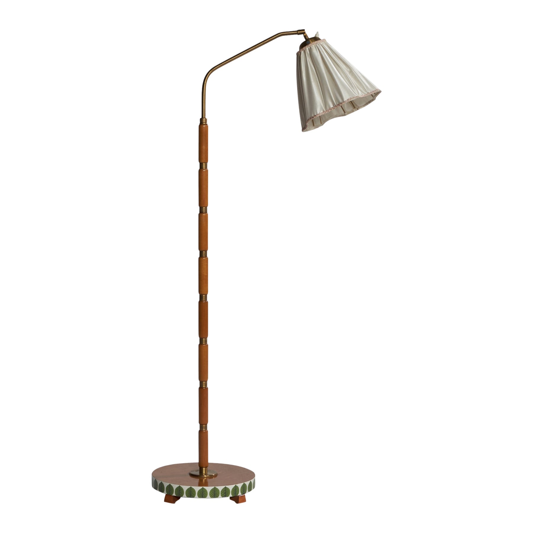 Swedish Designer, Floor Lamp, Teak, Brass, Fabric, Sweden, 1940s For Sale