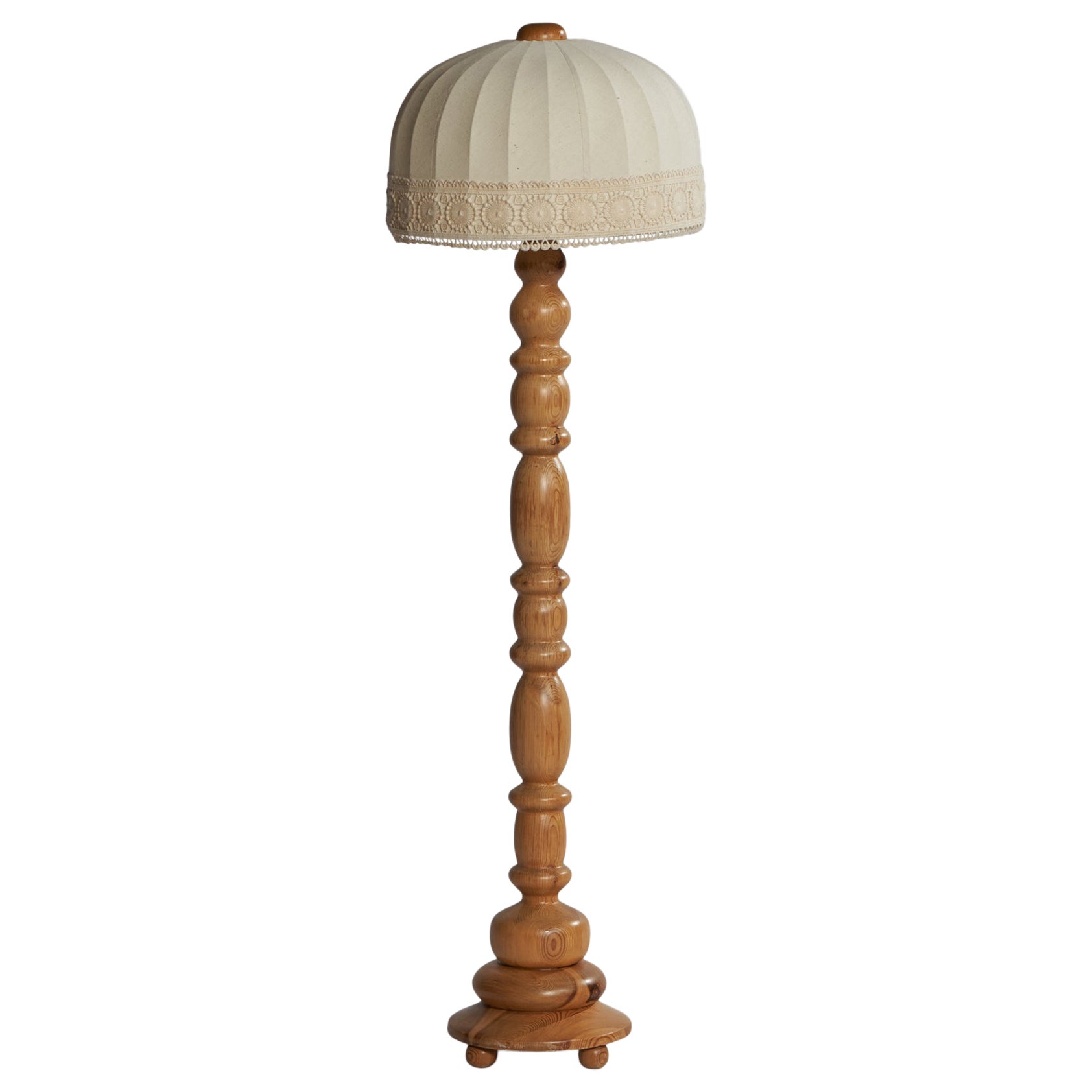 Swedish Designer, Floor Lamp, Pine, Fabric, Sweden, 1970s