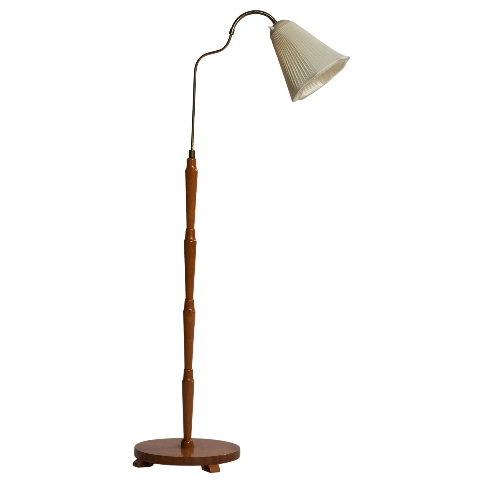 Swedish Designer, Floor Lamp, Brass, Elm, Fabric, Sweden, 1930s For Sale