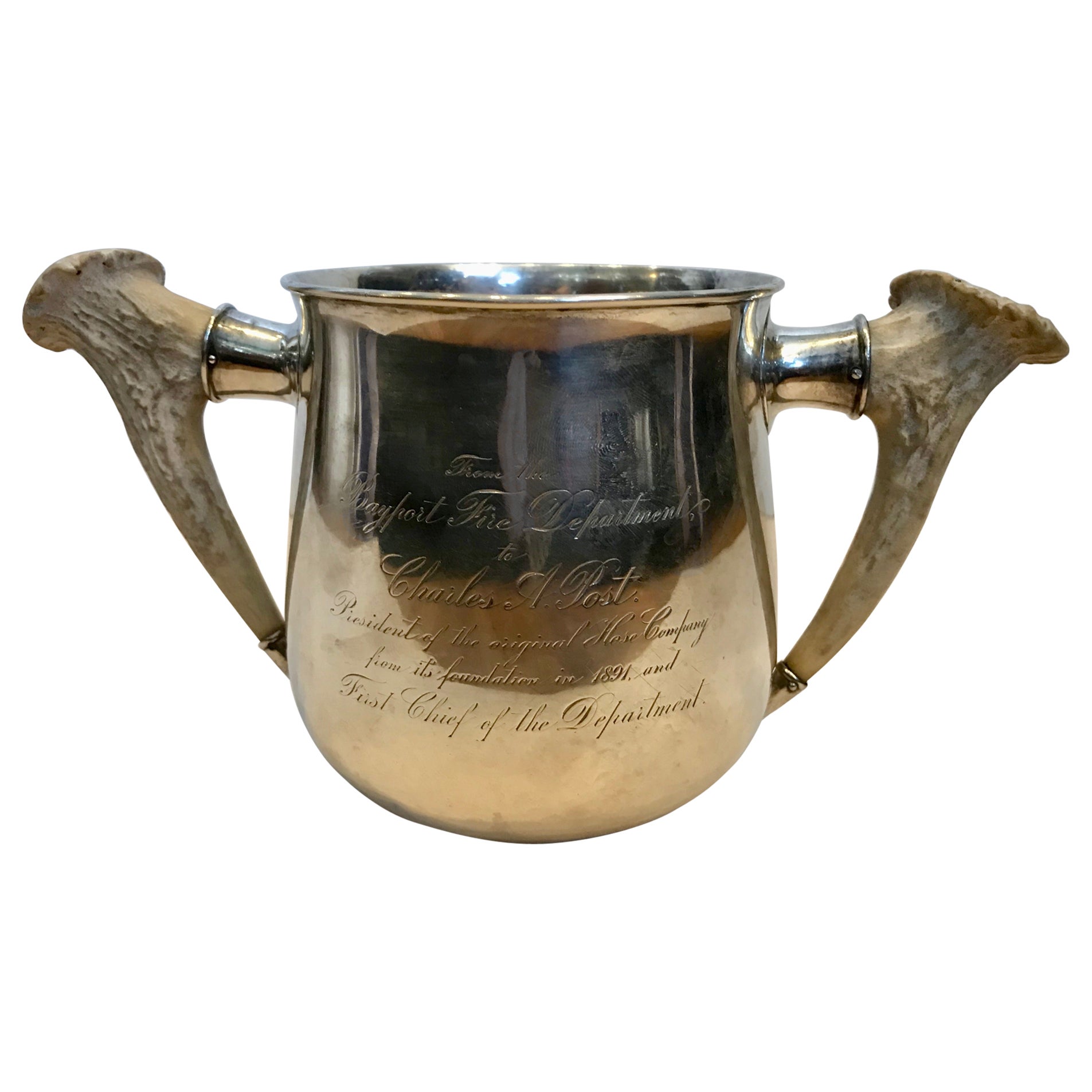 Sterling Silver Loving Cup / Trophy With Pair Of Horn Handles For Sale