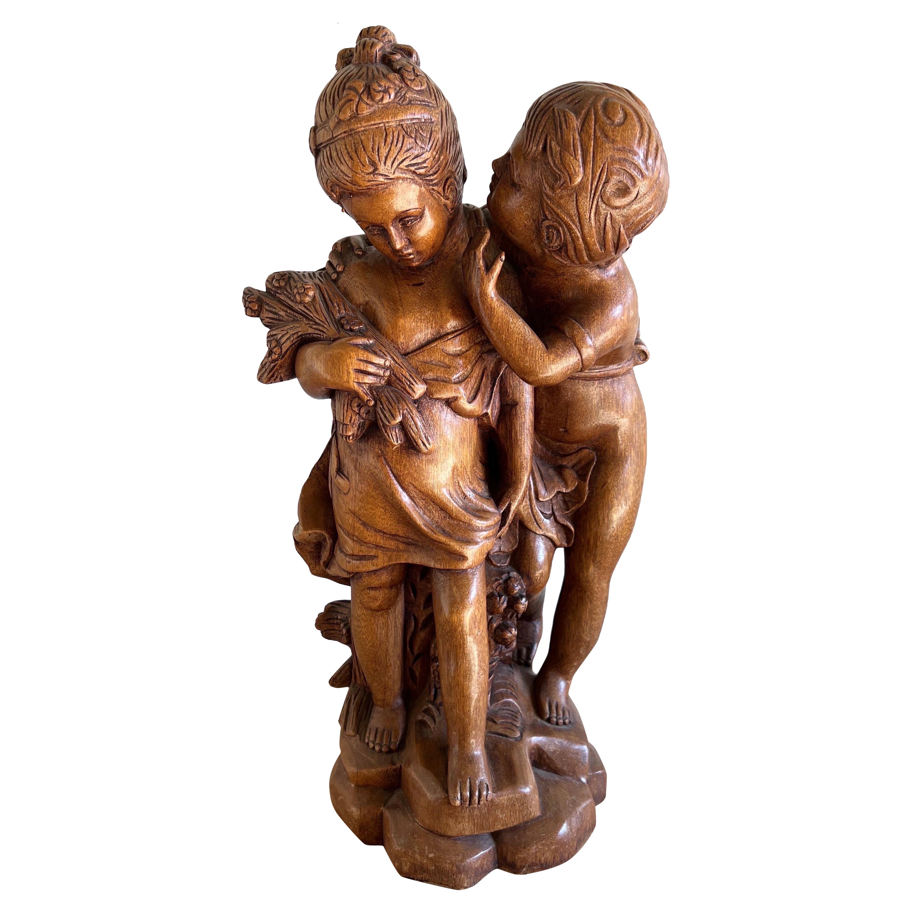 French Walnut Carved Figuritive Sculpture of Boy & Girl For Sale