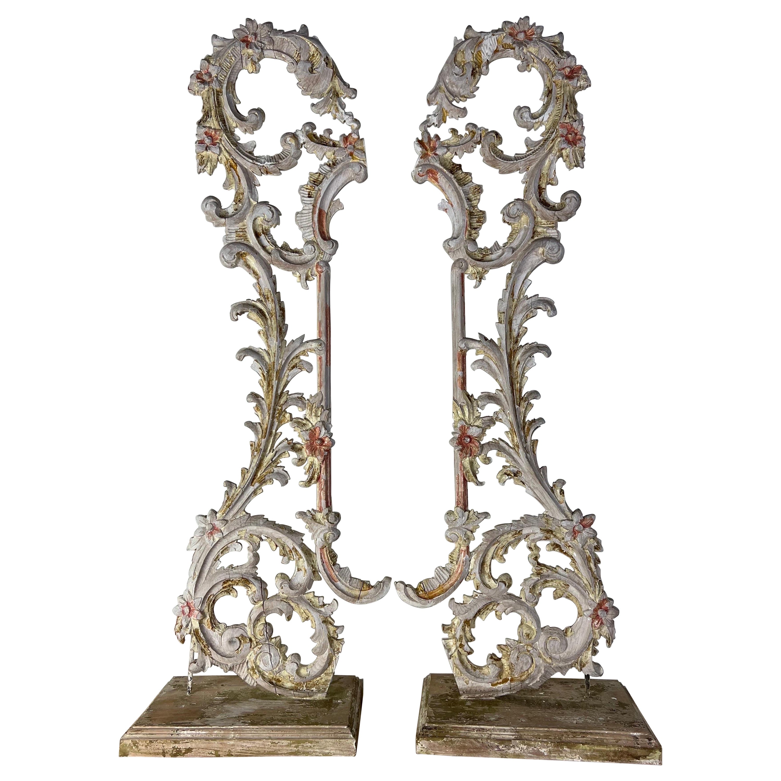 Pair of 19th C. Painted Italian Carvings on Bases For Sale