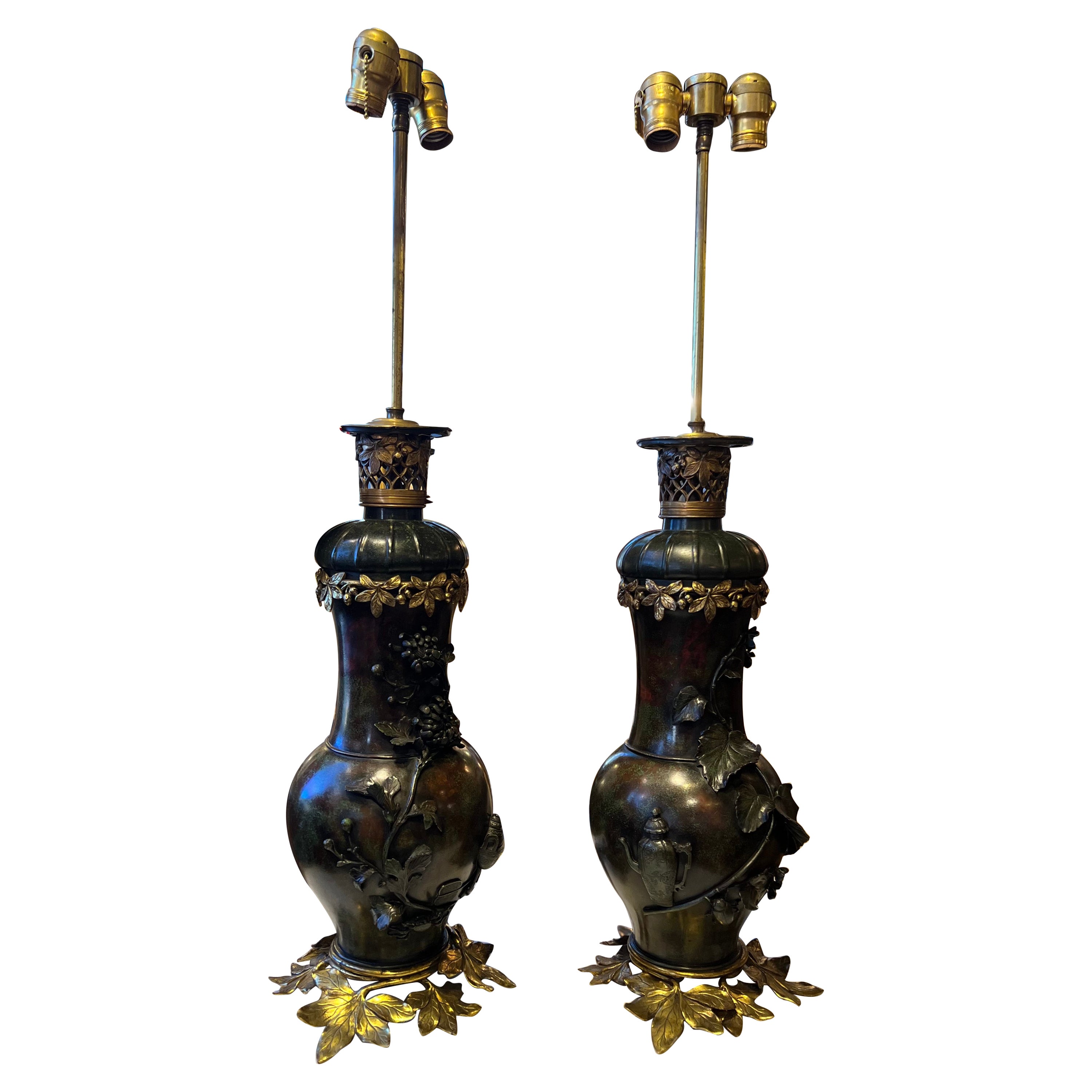 Antique Pair Japanese Painted Bronze Vases Mounted as Lamps For Sale