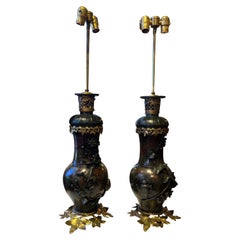 Antique Pair Japanese Painted Bronze Vases Mounted as Lamps