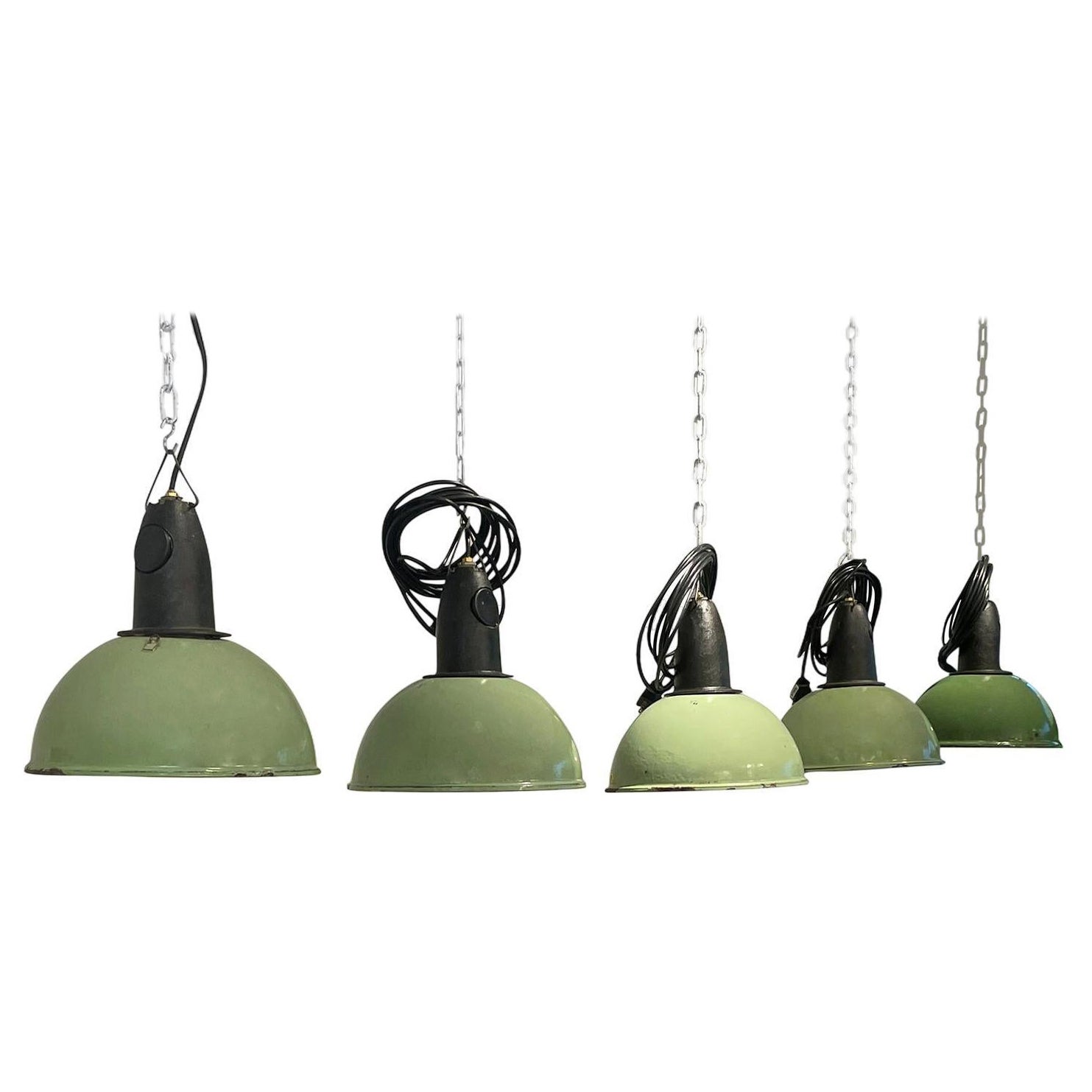 20th Century Set of Five Vintage French Industrial Green Metal Ceiling Lights