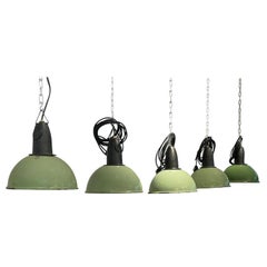 20th Century Set of Five Vintage French Industrial Green Metal Ceiling Lights